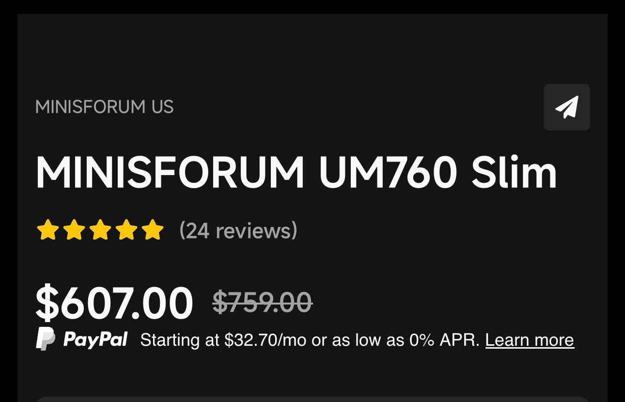 🔥 للبيع Mini PC قوي وصغير — Minisforum UM760 Slim 🔥

📸 صورة الجهاز:

إذا تريد جهاز بحجم صغير وأداء قوي، هذا الجهاز مناسب جدًا 👌

⚙️ المواصفات:
• Ryzen 5 7640HS — 6 Cores / 12 Threads
• سرعة تصل إلى 5.0GHz
• Radeon 760M Graphics
• RAM 16GB DDR5 5600MHz
• Kingston NVMe SSD 2TB PCIe 4.0 💾
• Wi-Fi 6E + Bluetooth 5.3
• USB 4
• HDMI 2.1 — يدعم 8K 60Hz
• Windows 11

🎮 يشغل الألعاب والاستخدام اليومي والعمل والدراسة، وأداء ممتاز بالنسبة لحجمه.

✅ الجهاز نظيف ويعمل بصورة ممتازة
✅ سعة تخزين 2 تيرا
✅ صغير جدًا ولا يأخذ مساحة
✅ مناسب للتلفزيون أو شاشة الكمبيوتر

💰 السعر: [520,000]
📍 الموقع: [الغزالية]
📞 للتواصل: [***********] بغداد, العراق

نص مكتوب في الصور:
- AMD Ryzen 5 7640HS Max 40Gbps | 8K@60Hz output | 65-100W PD power supply support A single cable can transmit video and power 100W
- MINISFORUM US MINISFORUM UM760 Slim (24 reviews) $607.00 $759.00 PayPal Starting at $32.70/mo or as low as 0% APR. Learn more