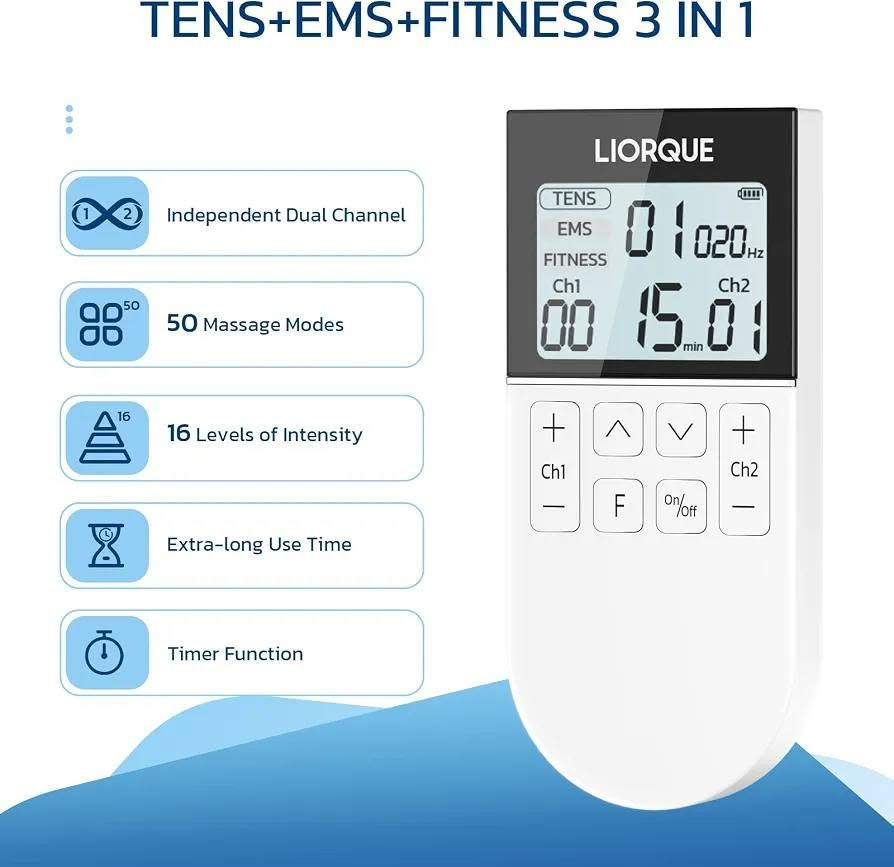 #محفز عضلات
#السعر 9 الاف

نص مكتوب في الصور:
- TENS+EMS+FITNESS 3 IN 1
- Independent Dual Channel
- 50 Massage Modes
- 16 Levels of Intensity
- Extra-long Use Time
- Timer Function
- Clear screen, easy to operate 3 Selectable Modes Channel 1 Intensity Program Adjust Intensity Adjust + Intensity Adjust - Mode Switch /Timer Switch (Long press) Current Program Quantity of Electric Frequency Channel 2 Intensity Timer ON/OFF
- Package Contents
- 10 x Electrode Pads (50*50mm)
- 1 x TENS Massage Device
- 1 x Micro USB Cable
- 2 x Lead Wire
- 1 x Storage Case
- 1 x User Manual
- Ultra-long battery life 250mAh Rechargeable Battery 2 Hours Charging Time 12 Days Using Time (30 Minutes per day)
- More Than 100 Times Reusable Non-woven Fabric Conductive Layer Terminals Conductive Carbon Film High Quality Gel
- Suitable for Body Areas Shoulder Back Legs Arms