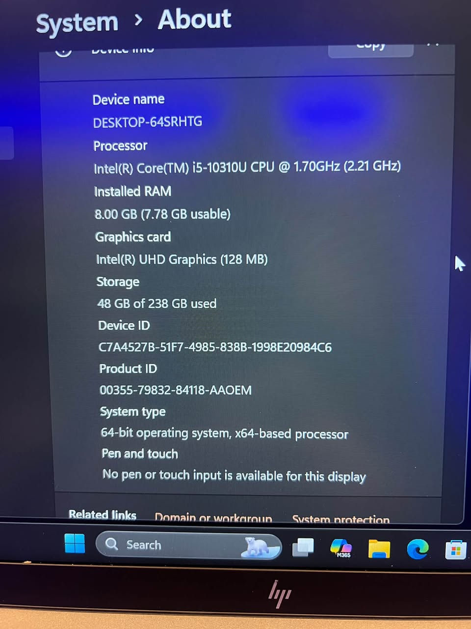 السعر: 375,000 د.ع فقط (قفل)
رقم:*********** WhatsApp 

💻 لابتوب الأعمال والأداء الراقي (HP ZBook Firefly 14 G7) 💼
جهاز أنيق، خفيف الوزن، وبعملية وسرعة ممتازة تناسب الدراسات، العمل المؤسسي، البرمجة، والتصفح اليومي.
⚙️ المواصفات التقنية:
 المعالج (CPU): Intel Core i5-10310U (سريع وعملي)
 الذاكرة العشوائية (RAM): 8 جيجابايت
 التخزين (Storage): هارد SSD سريع بمساحة 256 جيجابايت 
 كرت الشاشة (Graphics): Intel UHD Graphics
 الشاشة: حجم 14 fhd إنش عملية ومثالية للحمل والنقل

الضمان: ضمان حقيقي لمدة شهر كامل لسلامة جهازك
 الهدايا: جنطة + ماوس هدية مع الجهاز 🎒🖱️
 التوصيل: متوفر توصيل لباب البيت بـ 5,000 دينار فقط

نص مكتوب في الصور:
- System > About
- Device name
- DESKTOP-64SRHTG
- Processor
- Intel(R) Core(TM) i5-10310U CPU @ 1.70GHz (2.21 GHz)
- Installed RAM
- 8.00 GB (7.78 GB usable)
- Graphics card
- Intel(R) UHD Graphics (128 MB)
- Storage
- 48 GB of 238 GB used
- Device ID
- C7A4527B-51F7-4985-838B-1998E20984C6
- Product ID
- 00355-79832-84118-AAOEM
- System type
- 64-bit operating system, x64-based processor
- Pen and touch
- No pen or touch input is available for this display