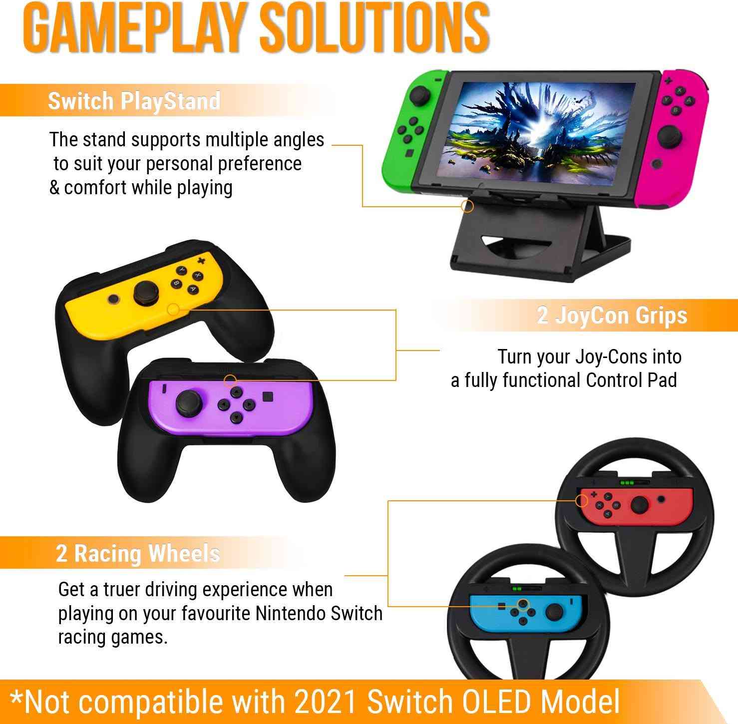 كت كامل ملحقات 
Nintendo switch ✅

Nintendo switch Iold✅
جنطه لون اسود 

كفر ظهر لون اسود ل Nintendo switch 

كفر ظهر لون اسود ل Nintendo switch Iold
 
كفر لل جوي كون لون اسود

كيبل شحن type -c

قلم ✏️ لمس 

سماعه 

قبضات لل جوي كون

شكل دركسون

شكل جوستك

ستان لل Nintendo 

شاحن جوستك و جوي كون

حافظه ل كادرج العاب Nintendo 

غطاء كير عدد 4 لون اسود

كل هذا سعره 45 الف دينار 

للتواصل والاستفسار ***********

توصيل كل العراق 5 الاف دينار

نص مكتوب في الصور:
- A LITTLE EXTRA Game Card Holder This card holder will increase your game carrying capacity in a lightweight and portable solution. Headphones With great sound clarity and a comfortable fit, immerse yourself fully with these headphones! Stylus Pen The Orzly Stylus pen is a twin tip pen suitable for writing on paper as well as on you Nintendo Switch. *Not compatible with 2021 Switch OLED Model
- COMFORT SOLUTIONS Comfort Case Shaped to fit comfortably your handand give you a better grip of your Nintendo Switch. The durable TPU material is shock absorbent giving you peace of mind 6mm 9mm 14mm Thumbgrips We have included three pairs of different sized thumb grips to make sure you have a better grip and complete control when you play. Also, they keep your thumbsticks protected and looking like new. *Not compatible with 2021 Switch OLED Model
- CHARGING SOLUTIONS Ultimate Charging Station Perfect for storing and charging up to 4 Joy-Cons, 2 Joy-Cons and a Pro-Controller or 2 Pro-Controllers Orzly Type-C to USB A Cable The Orzly Type-C to USB A cable is perfect for not only charging your compatible device but also allowing for super fast data transfer thanks to USB 3.0. *Not compatible with 2021 Switch OLED Model
- GAMEPLAY SOLUTIONS Switch PlayStand The stand supports multiple angles to suit your personal preference & comfort while playing 2 JoyCon Grips Turn your Joy-Cons into a fully functional Control Pad 2 Racing Wheels Get a truer driving experience when playing on your favourite Nintendo Switch racing games. *Not compatible with 2021 Switch OLED Model
- X2