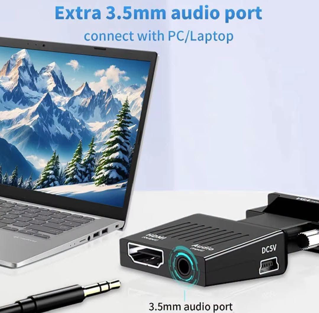 ادبتر VGA-HDMI • فول HD 1080P • منفذ اوكس
