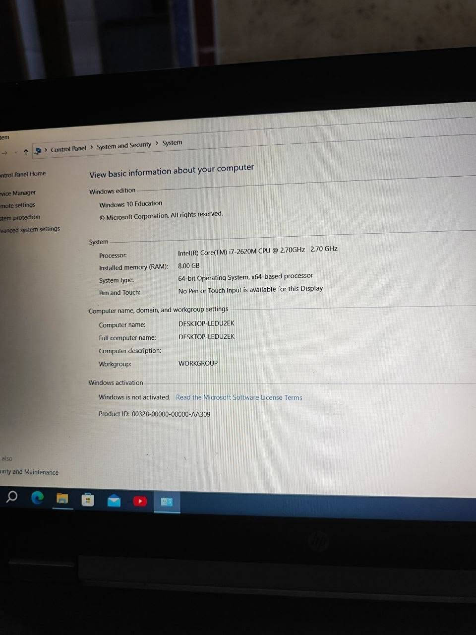 لابتوب hp للبيع
المعالج ci7 الجيل الثاني 
هارد 500 hdd. رام 8 
شاشه حجم كبير 15 
كيبورد عربي انكليزي وارقام وكامراه وصوت مرتب
مناسبه للدراسه والتصفح 
وياها جنطه و شاحنه 135 واط 
مكاني بغداد ***********

نص مكتوب في الصور:
- Voice boost
- Ambient mode
- Annotations
- Subtitles/CC
- Off
- Sleep timer
- Playback speed
- Normal
- Quality
- 2160p 4K
- Control Panel > System and Security > System View basic information about your computer Windows edition Windows 10 Education © Microsoft Corporation. All rights reserved. System Processor: Intel(R) Core(TM) i7-2620M CPU @ 2.70GHz 2.70 GHz Installed memory (RAM): 8.00 GB System type: 64-bit Operating System, x64-based processor Pen and Touch: No Pen or Touch Input is available for this Display Computer name, domain, and workgroup settings Computer name: DESKTOP-LEDU2EK Full computer name: DESKTOP-LEDU2EK Computer description: Workgroup: WORKGROUP Windows activation Windows is not activated. Read the Microsoft Software License Terms Product ID: 00328-00000-00000-AA309
