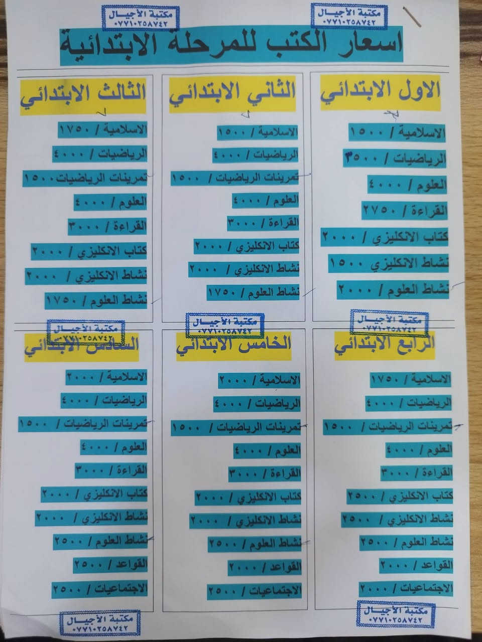 اسعار المناهج 🔥🔥🔥
 مكتبة الاجيال - القائم 
*********** واتساب 
#مكتب_الاجيال
#العنوان - ⬇⬇⬇
#القائم_حصيبة_شارع_كراج عنة_مقابل منفذ شعاع العراق

نص مكتوب في الصور:
- اسعار الكتب للمرحلة الاعدادية للفرع الادبي
- السادس الادبي
- الاسلامية / ٤٠٠٠
- الرياضيات / ٣٠٠٠
- الجغرافية / ٤٠٠٠
- التاريخ / ٥٠٠٠
- الاقتصاد/ ٢٧٥٠
- العربي ج ١ / ٤٠٠٠
- العربي ج ٢ / ٣٠٠٠
- كتاب الانكليزي / ٣٢٥٠
- نشاط الانكليزي / ٤٥٠٠
- الخامس الادبي
- الاسلامية / ٣٧٥٠
- الجغرافية / ٣٧٥٠
- التاريخ / ٢٧٥٠
- الفلسفه/ ٣٠٠٠
- العربي ج ١ / ٣٢٥٠
- العربي ج ٢ / ٢٥٠٠
- كتاب الانكليزي / ٥٠٠٠
- نشاط الانكليزي / ٥٠٠٠
- الحاسوب / ٣٢٥٠
- الاقتصاد / ٢٠٠٠
- الرابع الادبي
- الاسلامية / ٣٠٠٠
- الرياضيات / ٢٧٥٠
- الجغرافية / ٣٥٠٠
- التاريخ / ٤٠٠٠
- الاجتماع/ ٢٧٥٠
- كتاب الانكليزي اليونت الاول / ١٠٠٠
- نشاط الانكليزي اليونت الاول / ١٠٠٠
- اسعار الكتب للمرحلة الاعدادية للفرع العلمي السادس العلمي الاسلامية / ٤٠٠٠ الرياضيات / ٥٥٠٠ الكيمياء / ٦٥٠٠ الاحياء / ٥٥٠٠ الفيزياء/ ٦٥٠٠ العربي ج ١ / ٣٥٠٠ العربي ج ٢ / ٣٠٠٠ كتاب الانكليزي / ٣٢٥٠ نشاط الانكليزي / ٤٥٠٠ الخامس العلمي الاسلامية / ٣٥٠٠ الرياضيات / ٥٥٠٠ الكيمياء / ٥٠٠٠ الاحياء / ٥٥٠٠ الفيزياء/٥٥٠٠ العربي ج ١ / ٣٢٥٠ العربي ج ٢ / ٢٥٠٠ كتاب الانكليزي / ٥٠٠٠ نشاط الانكليزي / ٥٠٠٠ الحاسوب / ٣٢٥٠ علم الارض / ٣٠٠٠ الرابع العلمي الاسلامية / ٣٢٥٠ الرياضيات / ٤٠٠٠ الكيمياء / ٣٥٠٠ الاحياء / ٤٥٠٠ الفيزياء/ ٤٥٠٠ العربي ج ١ / ٣٢٥٠ العربي ج ٢ / ٢٥٠٠ كتاب الانكليزي اليونت الاول / ١٠٠٠ نشاط الانكليزي اليونت الاول / ١٠٠٠ الحاسوب / ٣٢٥٠
- اسعار الكتب للمرحلة المتوسطة
- الثالث المتوسط
- الرياضيات / ٤٠٠٠
- الكيمياء / ٣٥٠٠
- الاحياء / ٤٥٠٠
- الفيزياء/٤٠٠٠
- العربي ج ٢ / ٣٢٥٠
- الاجتماعيات / ٣٧٥٠
- الثاني المتوسط
- الكيمياء / ٢٥٠٠
- الاحياء / ٢٥٠٠
- الفيزياء/٢٥٠٠
- كتاب الانكليزي / ٢٥٠٠
- نشاط الانكليزي / ٣٠٠٠
- الاجتماعيات / ٣٠٠٠
- الاول المتوسط
- مكتبة الأجيال *********** اسعار الكتب للمرحلة الابتدائية الاول الابتدائي الاسلامية / ١٥٠٠ الرياضيات / ٣٥٠٠ العلوم / ٤٠٠٠ القراءة / ٢٧٥٠ كتاب الانكليزي / ٢٠٠٠ نشاط الانكليزي / ١٥٠٠ نشاط العلوم / ٢٠٠٠ مكتبة الأجيال *********** الثاني الابتدائي الاسلامية / ١٥٠٠ الرياضيات / ٤٠٠٠ تمرينات الرياضيات / ١٥٠٠ العلوم / ٤٠٠٠ القراءة / ٣٠٠٠ كتاب الانكليزي / ٢٠٠٠ نشاط الانكليزي / ٢٠٠٠ نشاط العلوم / ١٧٥٠ مكتبة الأجيال *********** الثالث الابتدائي الاسلامية / ١٧٥٠ الرياضيات / ٤٠٠٠ تمرينات الرياضيات / ١٥٠٠ العلوم / ٤٠٠٠ القراءة / ٣٠٠٠ كتاب الانكليزي / ٢٠٠٠ نشاط الانكليزي / ٢٠٠٠ نشاط العلوم / ١٧٥٠ مكتبة الأجيال *********** الرابع الابتدائي الاسلامية / ١٧٥٠ الرياضيات / ٤٠٠٠ تمرينات الرياضيات / ١٥٠٠ العلوم / ٤٠٠٠ القراءة / ٣٠٠٠ كتاب الانكليزي / ٢٥٠٠ نشاط الانكليزي / ٢٥٠٠ نشاط العلوم / ٢٥٠٠ القواعد / ٢٠٠٠ الاجتماعيات / ٢٠٠٠ مكتبة الأجيال *********** الخامس الابتدائي الاسلامية / ٢٠٠٠ الرياضيات / ٤٠٠٠ تمرينات الرياضيات / ١٥٠٠ العلوم / ٤٠٠٠ القراءة / ٣٠٠٠ كتاب الانكليزي / ٢٠٠٠ نشاط الانكليزي / ٢٠٠٠ نشاط العلوم / ٢٥٠٠ القواعد / ٢٠٠٠ الاجتماعيات / ٢٥٠٠ مكتبة الأجيال *********** السادس الابتدائي الاسلامية / ٢٠٠٠ الرياضيات / ٤٠٠٠ تمرينات الرياضيات / ١٥٠٠ العلوم / ٤٠٠٠ القراءة / ٣٠٠٠ كتاب الانكليزي / ٢٠٠٠ نشاط الانكليزي / ٢٠٠٠ نشاط العلوم / ٢٥٠٠ القواعد / ٢٥٠٠ الاجتماعيات / ٢٥٠٠ مكتبة الأجيال ***********
