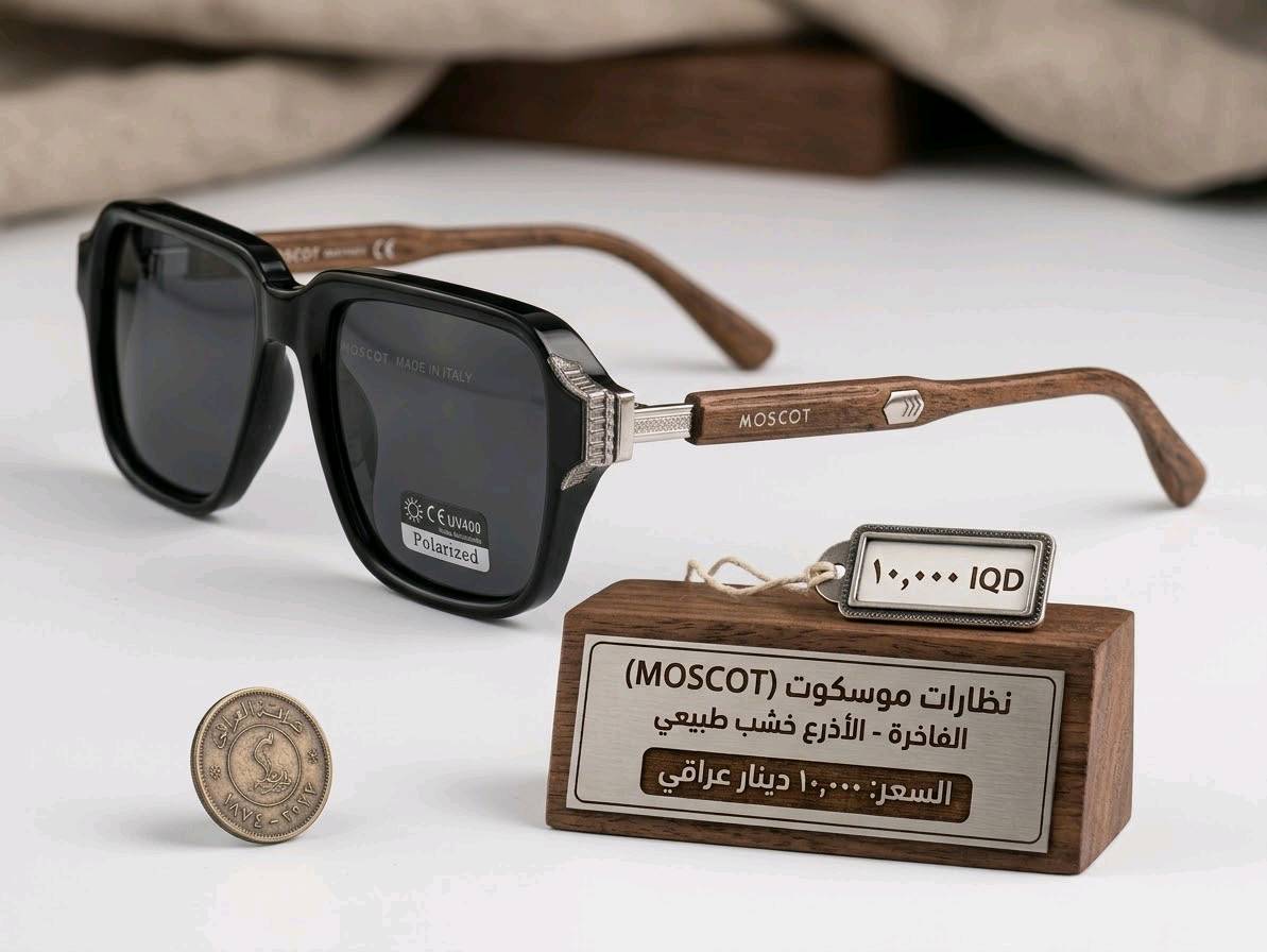 الفخامة في أبسط تفاصيلها.. نظارة موسكوت (MOSCOT) الخشبية
​لكل من يبحث عن التميز والستايل القوي، هذه النظارة صُممت خصيصاً لتمنحك إطلالة رجالية فخمة ومختلفة عن المألوف:
​الماركة: موسكوت (MOSCOT) الغنية عن التعريف بتصاميمها الكلاسيكية الراقية.
​الأذرع الخشبية: تتميز بأذرع مصممة من الخشب الطبيعي المصقول، متصلة بالحريم المعدني الفضي المنقوش بدقة، لتعطيك مظهر دافئ وفريد.
​الإطار والعدسات: إطار أسود مربع مربع وعريض يبرز ملامح الوجه، مع عدسات Polarized مستقطبة تحمي العينين من أشعة الشمس القوية والانعكاسات المزعجة (UV400).
​السعر: 10,000 دينار عراقي فقط.