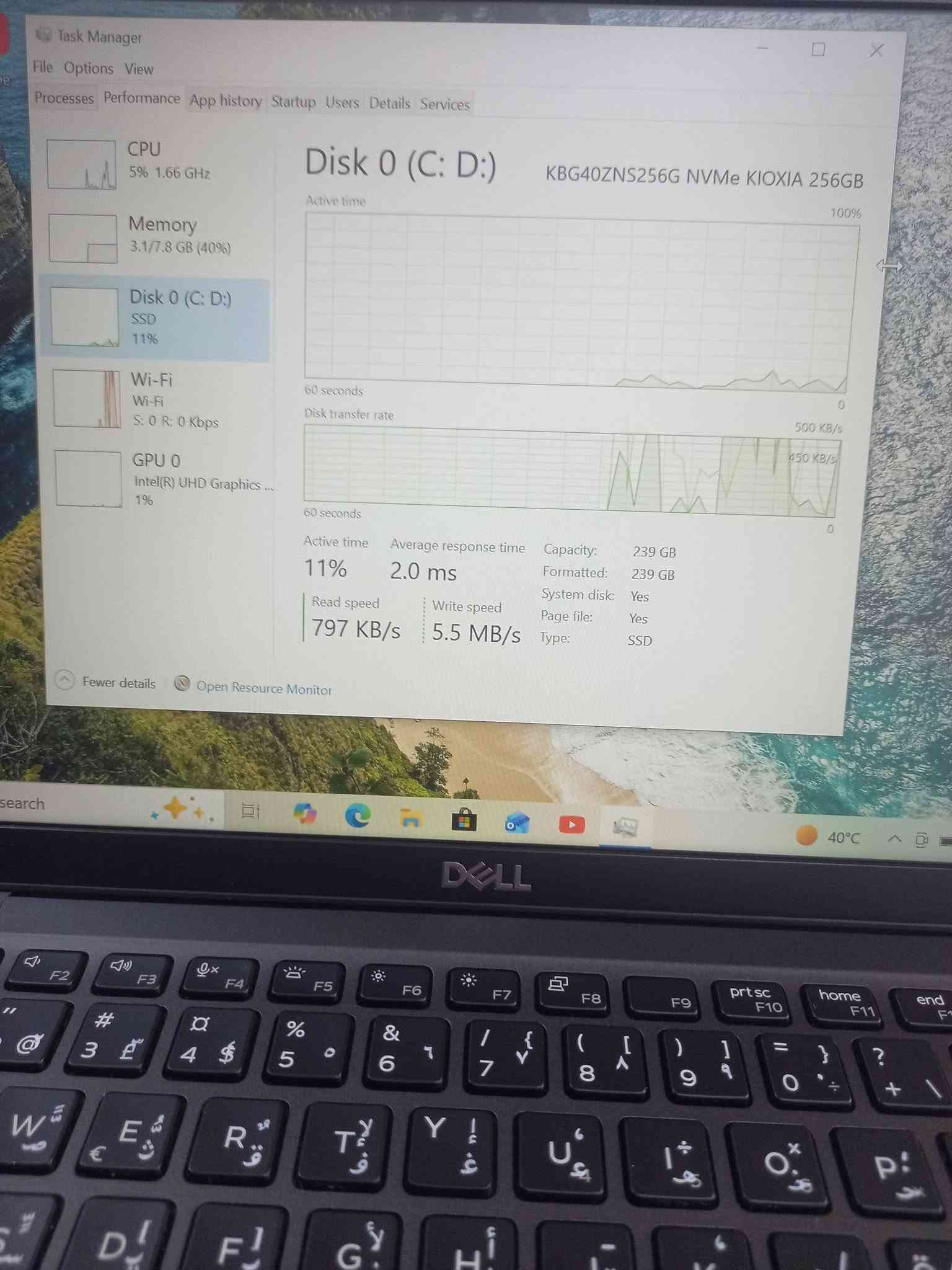 لابتوب دل dell 5400
الجيل الثامن 
المعالج كور اي 5 الجيل 8
الهارد    256    ssd  m.2
الرام 8.  ddr4 
كارت الشاشة  4  شير 
حجم الشاشة  14 
الشاحنة اصلية 
يحتوي على منفذ تايب سي للشحن او نقل البيانات
نظام التشغيل ويندوز 10 عربي انكليزي 
الملحقات شاحنة وجنطة 
السعر  235

***********
***********
يوجد توصيل

متوفر 
تتوفر مجموعة لابتوبات بأسعار مناسبة ومواصفات مختلفة

نص مكتوب في الصور:
- About Installed RAM 8.00 GB Speed: 2667 MHz Processor Intel(R) Core(TM) i5-8365U CPU @ 1.60GHz 1.90 GHz Graphics Card 128 MB Intel(R) UHD Graphics 620 Storage 238 GB 42 GB of 238 GB used DESKTOP-L2IRLAM Latitude 5400 Rename this PC Device Specifications Copy Device Name DESKTOP-L2IRLAM Processor Intel(R) Core(TM) i5-8365U CPU @ 1.60GHz 1.90 GHz Installed RAM 8.00 GB (7.82 GB usable) Graphics Card Intel(R) UHD Graphics 620 (128 MB) Storage 238 GB SSD KBG40ZNS256G NVMe KIOXIA 256GB Device ID B5113A91-7FFA-414B-B582-723D8E6E85D8 Product ID 00330-52430-95833-AAOEM System Type 64-bit operating system, x64-based processor BitLocker settings Device Manager Remote desktop System protection Advanced system settings Rename this PC (advanced) Help from the web Finding out how many cores a processor has Checking multiple languages Checking multiple languages Get help Give feedback
- About Speed: 2667 MHz 1.90 GHz 620 42 GB of 238 GB used Advanced DESKTOP-L2IRLAM Latitude 5400 Rename this PC Rename th Help from th Finding out processor ha Checking mu Device Specifications Copy Checking mu Device Name DESKTOP-L2IRLAM Processor Intel(R) Core(TM) i5-8365U CPU @ 1.60GHz 1.90 GHz Installed RAM 8.00 GB (7.82 GB usable) Graphics Card Intel(R) UHD Graphics 620 (128 MB) Storage 238 GB SSD KBG40ZNS256G NVMe KIOXIA 256GB Device ID B5113A91-7FFA-414B-B582-723D8E6E85D8 Product ID 00330-52430-95833-AAOEM System Type 64-bit operating system, x64-based processor Pen and touch No pen or touch input is available for this display Frequently asked questions How does having 8-16 GB of RAM impact my PC's performance? Can I run modern applications smoothly with this RAM capacity? Is my GPU sufficient for high end gaming and video experience? How can having a dedicated GPU enhance my experience and productivity? 40°C
- Task Manager File Options View Processes Performance App history Startup Users Details Services CPU 1% 3.62 GHz Memory 3.1/7.8 GB (40%) Disk 0 (C: D:) SSD 2% Wi-Fi Wi-Fi S: 0 R: 0 Kbps GPU 0 Intel(R) UHD Graphics ... 0% Fewer details Open Resource Monitor CPU Intel(R) Core(TM) i5-8365U CPU @ 1.60GHz % Utilization 100% 60 seconds 0 Utilization 1% Speed 3.62 GHz Base speed: 1.90 GHz Sockets: 1 Cores: 4 Processes 164 Threads 2244 Handles 63231 Logical processors: 8 Virtualization: Enabled L1 cache: 256 KB Up time 0:14:07:44 L2 cache: 1.0 MB L3 cache: 6.0 MB to search 40°C
- Task Manager
- File Options View
- Processes Performance App history Startup Users Details Services
- CPU
- 60% 2.76 GHz
- Memory
- 3.2/7.8 GB (41%)
- Disk 0 (C: D:)
- SSD
- 13%
- Wi-Fi
- S: 168 R: 976 Kbps
- GPU 0
- Intel(R) UHD Graphics...
- 0%
- 8.0 GB
- 7.8 GB
- 60 seconds
- 0
- Memory composition
- In use (Compressed)
- 3.1 GB (41.6 MB)
- Available
- 4.7 GB
- Speed:
- Slots used:
- Form factor:
- Hardware reserved:
- 2400...
- 1 of 2
- SODI...
- 186...
- Committed
- 2.9/9.7 GB
- Cached
- 1.4 GB
- Paged pool
- 220 MB
- Non-paged pool
- 262 MB
- Fewer details
- Open Resource Monitor
- 5% 1.66 GHz
- 3.1/7.8 GB (40%)
- 11%
- S: 0 R: 0 Kbps
- Intel(R) UHD Graphics ...
- 1%
- Disk 0 (C: D:) KBG40ZNS256G NVMe KIOXIA 256GB
- Active time
- 100%
- Disk transfer rate
- 500 KB/s
- 450 KB/s
- Average response time
- 2.0 ms
- Capacity:
- 239 GB
- Formatted:
- System disk:
- Yes
- Read speed
- 797 KB/s
- Write speed
- 5.5 MB/s
- Page file:
- Type:
- search
- 40°C
- 11% 1.62 GHz
- 5%
- GPU
- Intel(R) UHD Graphics 620
- 3D
- 0% Copy
- Video Decode
- 0% Video Processing
- Shared GPU memory usage
- 3.9 GB
- Utilization
- GPU Memory
- 0.1/3.9 GB
- Shared GPU memory
- Driver version:
- Driver date:
- DirectX version:
- Physical location:
- 31.0.101.2127
- 11/13/2023
- 12 (FL 12.1)
- PCI bus 0, device 2...
- e to search