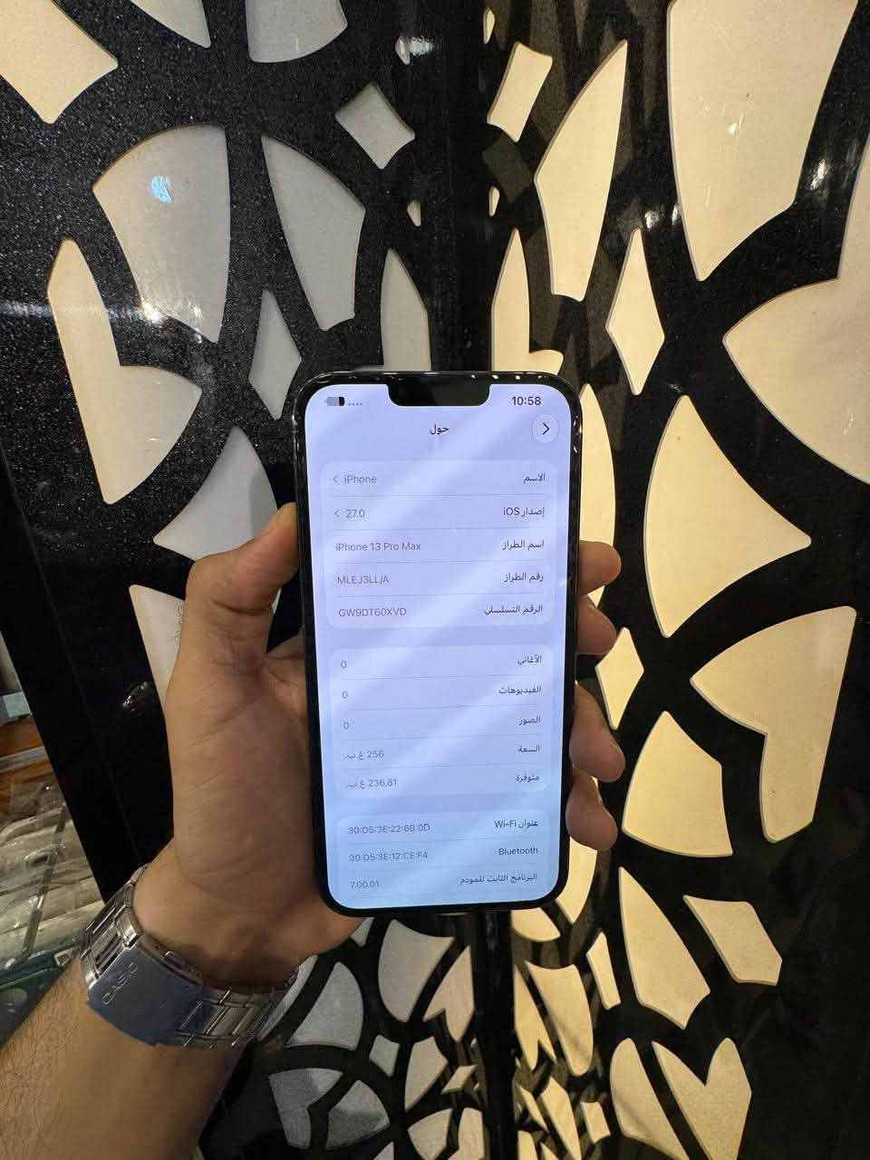 سلام عليكم

ايفون 13Pro Max بلادي بلادي (وتر بروف)
ذاكرة 256 بطارية 92% 
مكفول من كلشي شخط مابي 
كامل ملحقاته الاصلية (كارتون-كيبل)
اللون المميز 🩶
الجهاز ع فحص 
بسعر 775 وبي مجال

للاستفسار // ***********

نص مكتوب في الصور:
- 10:58
- حالة البطارية والشحن
- كما هو الحال مع البطاريات القابلة لإعادة الشحن، بطارية الهاتف قابلة للاستهلاك وتصبح أقل فاعلية مع الوقت. معرفة المزيد...
- 92%
- الحد الأقصى للقدرة
- هذا قياس لقدرة البطارية مقارنة بقدرتها عندما كانت جديدة. قد تتسبب القدرة المنخفضة بتقليل ساعات الاستخدام بين عملية الشحن والأخرى.
- أقصى قدرة للأداء
- تستساعد الأنظمة المدمجة في النظام والمكونات في تخفيف آثار الأداء التي قد تلاحظها أثناء التقدم الكيميائي في عمر بطارية iPhone.
- شحن البطارية المحسن
- للحد من استنزاف عمر البطارية، يتعلم الـ iPhone من عادات الشحن اليومية، بحيث ينتظر ولا يتجاوز 80% حتى يحين موعد حاجتك إلى استخدامه.
- حول
- < iPhone
- الاسم
- < 17.0
- إصدار iOS
- iPhone 13 Pro Max
- اسم الطراز
- MLEJ3LL/A
- رقم الطراز
- GW9DT60XVD
- الرقم التسلسلي
- 0
- الأغاني
- الفيديوهات
- الصور
- 256 غ.ب.
- السعة
- 236,81 غ.ب.
- متوفرة
- 30:D5:3E:22:68:DD
- Wi-Fi عنوان
- Bluetooth
- 30:D5:3E:12:CE:F4
- 7.00.01
- البرنامج الثابت للمودم