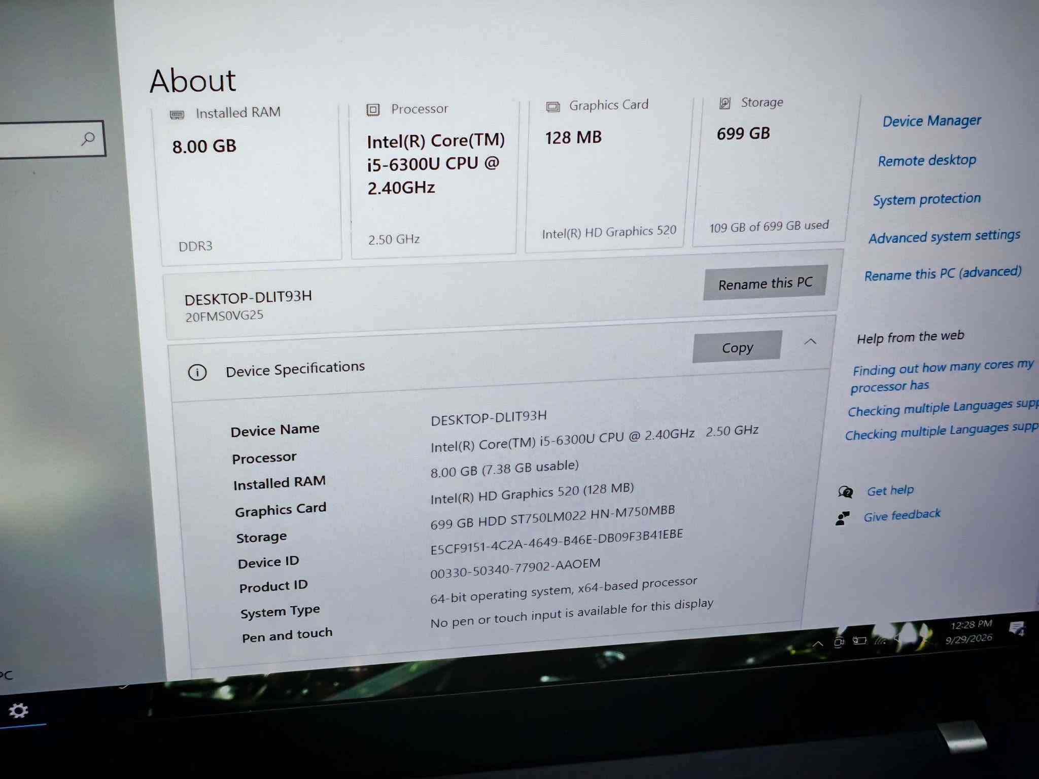 لابتوب Lenovo
معالج 
Cori5 gel6 جيل سادس
RAM 8 DDR4
هارد 750 HDD السريع مو البطيئ
كارت شاشه
 intel 4G حجم 
يحتوي على دبل بطاريه داخليه + خارجيه ينطي من 2 ونص ساعه فما فوك
حجم شاشه 14.6 FHD
كيبورد ضوئي + عربي إنكليزي
شاحنته الاصليه
سعره 160 قفل
مكاني بغداد
توصيل متوفر
رقم ***********

نص مكتوب في الصور:
- DirectX Diagnostic Tool System Display Sound Input This tool reports detailed information about the DirectX components and drivers installed on your system. If you know what area is causing the problem, click the appropriate tab above. Otherwise, you can use the "Next Page" button below to visit each page in sequence. System Information Current Date/Time: Tuesday, September 29, 2026, 12:29:05 PM Computer Name: DESKTOP-DLIT93H Operating System: Windows 10 Pro 64-bit (10.0, Build 19045) Language: English (Regional Setting: English) System Manufacturer: LENOVO System Model: 20FMS0VG25 BIOS: R06ET67W (v1.41) Processor: n/a Memory: 8192MB RAM Page file: 2116MB used, 7296MB available DirectX Version: DirectX 12 Check for WHQL digital signatures DxDiag 10.00.19041.5794 64-bit Unicode Copyright © Microsoft. All rights reserved. Help Next Page Save All Information... Exit
- About Installed RAM 8.00 GB DDR3 Processor Intel(R) Core(TM) i5-6300U CPU @ 2.40GHz 2.50 GHz Graphics Card 128 MB Intel(R) HD Graphics 520 Storage 699 GB 109 GB of 699 GB used DESKTOP-DLIT93H 20FMS0VG25 Rename this PC Copy Device Specifications Device Name DESKTOP-DLIT93H Processor Intel(R) Core(TM) i5-6300U CPU @ 2.40GHz 2.50 GHz Installed RAM 8.00 GB (7.38 GB usable) Graphics Card Intel(R) HD Graphics 520 (128 MB) Storage 699 GB HDD ST750LM022 HN-M750MBB Device ID E5CF9151-4C2A-4649-B46E-DB09F3B41EBE Product ID 00330-50340-77902-AAOEM System Type 64-bit operating system, x64-based processor Pen and touch No pen or touch input is available for this display Device Manager Remote desktop System protection Advanced system settings Rename this PC (advanced) Help from the web Finding out how many cores my processor has Checking multiple Languages supp Checking multiple Languages supp Get help Give feedback