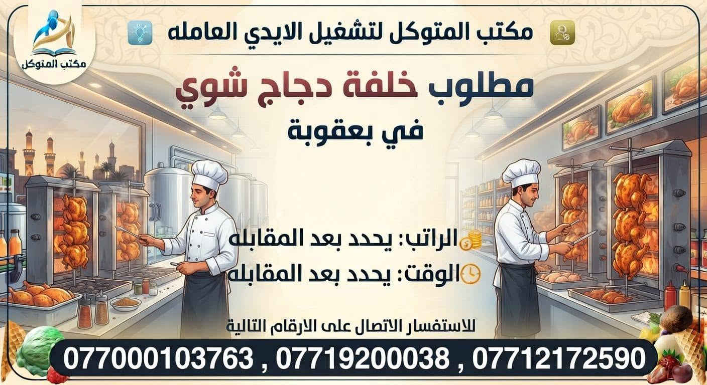 لا توجد تفاصيل

نص مكتوب في الصور:
- مكتب المتوكل لتشغيل الايدي العامله مطلوب خلفة دجاج شوي في بعقوبة الراتب: يحدد بعد المقابله الوقت: يحدد بعد المقابله للاستفسار الاتصال على الارقام التالية ***********3 , *********** , ***********
- مكتب المتوكل لتشغيل الايدي العامله مطلوب مساعد خلفة دجاج شوي في بعقوبة الراتب: يحدد بعد المقابله الوقت: يحدد بعد المقابله للاستفسار الاتصال على الارقام التالية ***********3 , *********** , ***********
- مكتب المتوكل لتشغيل الايدي العاملة مطلوب خلفة مقبلات في بعقوبة الراتب: يحدد بعد المقابله الوقت: يحدد بعد المقابله للاستفسار الاتصال على الارقام التالية ***********3 , *********** , ***********
- مكتب المتوكل لتشغيل الايدي العامله مطلوب عامل في معمل ايس كريم في بعقوبة الراتب: يحدد بعد المقابله الوقت: يحدد بعد المقابله للاستفسار الاتصال على الارقام التالية ***********3 , *********** , ***********
- مكتب المتوكل لتشغيل الايدي العامله مطلوب خلفة مشاوي في بعقوبة الراتب: يحدد بعد المقابله الوقت: يحدد بعد المقابله للاستفسار الاتصال على الارقام التالية ***********3 , *********** , ***********
- مكتب المتوكل لتشغيل الايدي العامله مطلوب عمال في معمل عصائر في بعقوبة الراتب: يحدد بعد المقابله الوقت: يحدد بعد المقابله للاستفسار الاتصال على الارقام التالية ***********3 , *********** , ***********
- مكتب المتوكل لتشغيل الايدي العامله مطلوب خلفة مقبلات في بعقوبة الراتب: يحدد بعد المقابله الوقت: يحدد بعد المقابله للاستفسار الاتصال على الارقام التالية ***********3 , *********** , ***********
- مكتب المتوكل لتشغيل الايدي العامله مطلوب عمال في مخازن غذائيه في بعقوبة الراتب يحدد بعد المقابله الوقت يحدد بعد المقابله للاستفسار الاتصال على الارقام التالية ***********3 , *********** , ***********
- مكتب المتوكل لتشغيل الايدي العاملة مكتب المتوكل مطلوب خلفة دجاج شوي في بعقوبة الراتب يحدد بعد المقابله الوقت يحدد بعد المقابله للاستفسار الاتصال على الارقام التالية ***********3, ***********, ***********