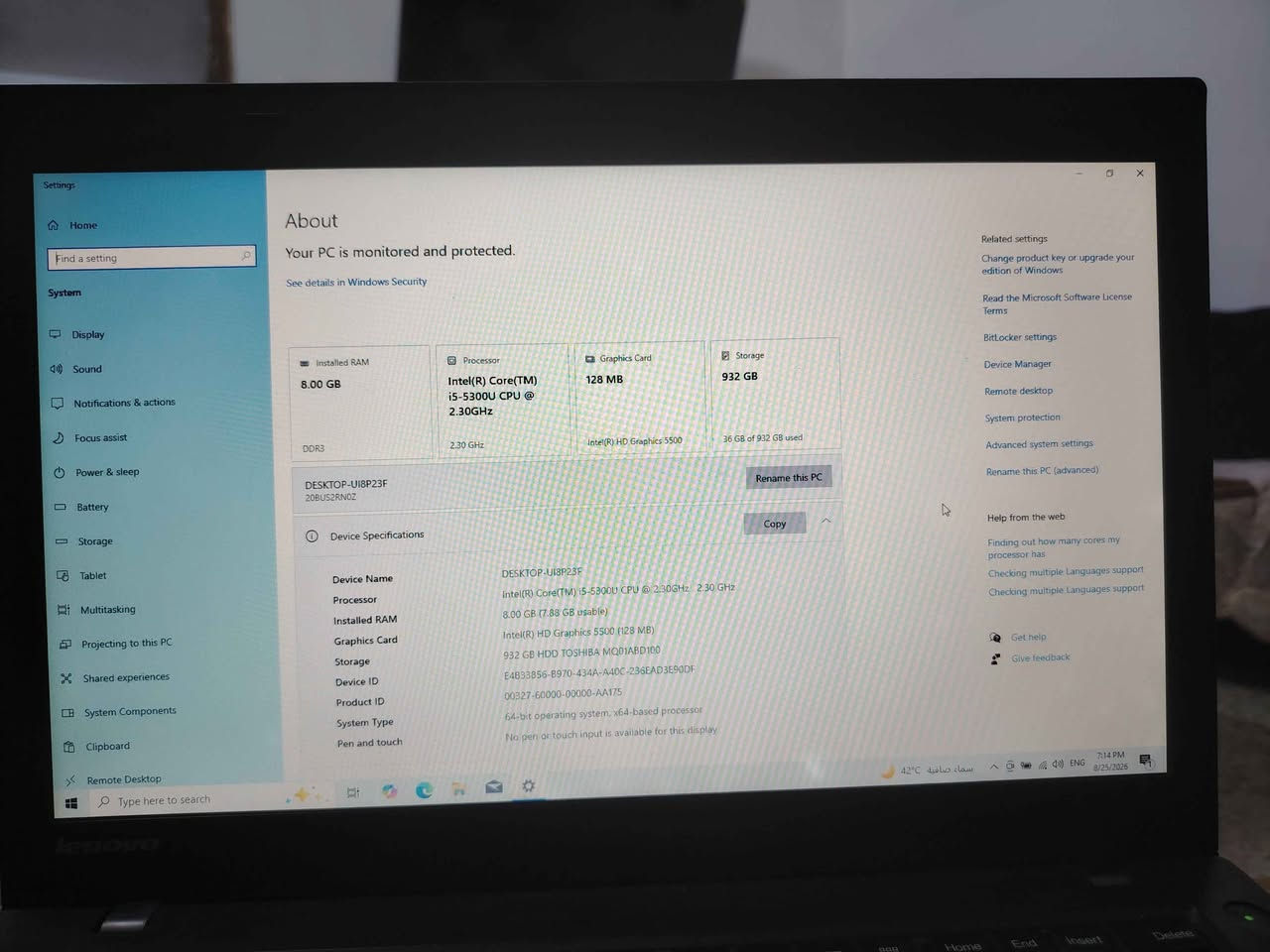 💻 للبيع: لابتوب Lenovo ThinkPad T450 
​المواصفات التقنية:
​المعالج: Intel Core i5-5300U بسرعة 2.30 GHz
​الذاكرة العشوائية (RAM): 8 GB DDR3
​مساحة التخزين: هارد HDD(1 Terabyte)
​كرت الشاشة داخلي: Intel HD Graphics 5500
حجم ​الشاشة: 14 بوصة HD
​حالة الجهاز:
​البطارية: ممتازة جداً (تطول حتى 3 ساعات عمل) 🔋
​الكيبورد عاطل: يحتاج إلى تبديل ⌨️ 
​الحالة العامة: الجهاز يعمل بكفاءة ومناسب جداً للأعمال المكتبية، الدراسة، والتصفح.
​ملاحظة: تم مراعاة تكلفة تبديل الكيبورد في السعر المطلوب.
​📞 للتواصل : [***********] يتوفر واتساب بغداد, العراق
