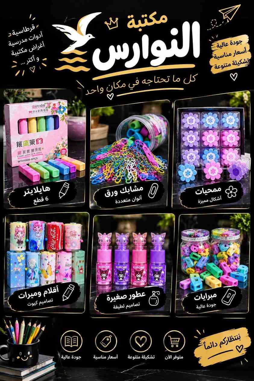 يوجد توصيل لكل مناطق الأمين
قرب مركز شرطه الأمين مقابل فلافل حسون
***********

نص مكتوب في الصور:
- أن نجاحك يبدأ من هنا مكتبة النوارس كل ما تحتاجه .. في مكان واحد وصل حديثا مستلزمات مدرسية كيوت ألوان وتتصاميم مميزة اختيارك الذكية متوفرة الآن في مكتبة النوارس
- مكتبة النوارس قرطاسية - كتب - مستلزمات مدرسية جودة عالية وألوان متعددة مشابك ورق ملونة متوفر الآن للأوراق للملاحظات للمدرسة للاستخدام اليومي
- مكتبة النوارس كل ما تحتاجه في مكان واحد قرطاسية د أدوات مدرسية أغراض مكتبية و أكثر ... جودة عالية أسعار مناسبة تشكيلة متنوعة هايلايتر 6 قطع مشابك ورق ألوان متعددة ممحيات أشكال مميزة أقلام وميرات تصاميم كيوت عطور صغيرة تصاميم لطيفة مبرايات جودة عالية جودة عالية أسعار مناسبة تشكيلة متنوعة متوفر الآن بننتظاركم دائماً
- لأن لنجاحك يبدأ من هنا مكتبة النوارس كل ما تحتاجه .. في مكان واحد مسّاحة أقلام راحة أكبر .. لكتابة أسهل تساعد على الكتابة براحة تمنع انزلاق الأصابع جودة عالية ومتانة متوفر الآن في مكتبة النوارس أسعار مناسبة | قرطاسية . كتب . مستلزمات مدرسية | مكتبة النوارس
- مكتبة النوارس كل ما تحتاجه .. في مكان واحد وويز ألوان مميزة .. لكل ذوق تصاميم عصرية وجميلة ألوان متنوعة تناسب الجميع صغير الحجم وسهل الحمل مناسب كهدية مميزة تفاصيل صغيرة تسعدك كل يوم مكتبة النوارس بغداد - (موقعنا قريب دائماً منك) مكتبة النوارس اختيارك الأفضل
- جودة عالية أسعار مناسبة تشكيلة متنوعة مكتبة النوارس قرطاسية أدوات مدرسية أغراض مكتبية و أكثر ... كل ما تحتاجه في مكان واحد هايلايتر 6 قطع مشابك ورق ألوان متعددة ممحيات أشكال مميزة أقلام ومميزات تصاميم كيوت عطور صغيرة تصاميم لطيفة ألعاب مميزة تصلي و تعلم النوارس ... دايماً معك متوفر الآن تشكيلة متنوعة أسعار مناسبة جودة عالية