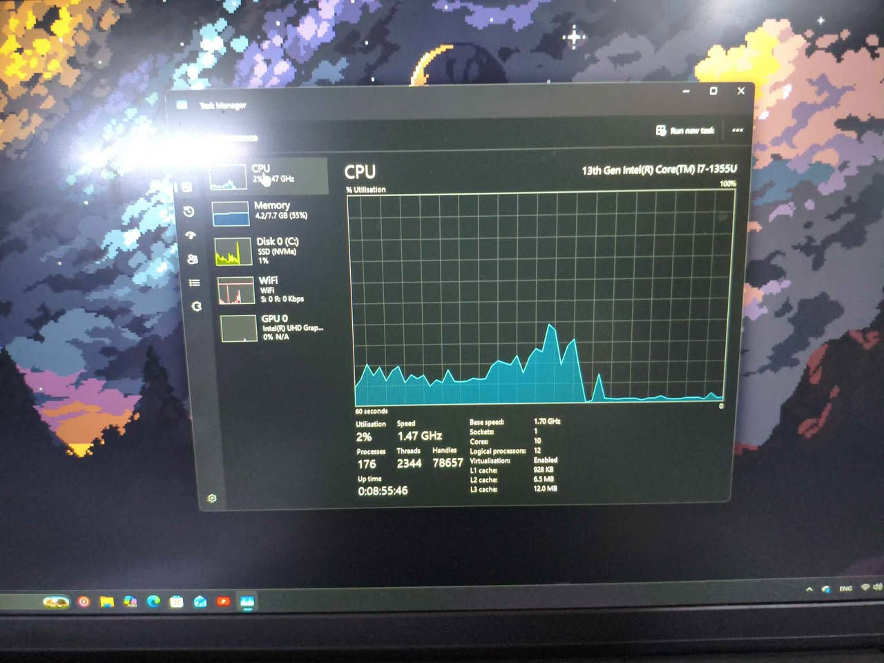 للبيع: لاب توب Dell Vostro 15 3510 – مواصفات عالية وجيل حديث جداً
​الجهاز بحالة ممتازة ونظيف جداً، مثالي للبرمجة، العمل الثقيل، وطلاب الهندسة والحاسبات.
​المعالج: Intel Core i7 (الجيل الـ 13)
​الرام: 16GB DDR4
​الهارد: 512GB SSD NVMe (سريع جداً بالتشغيل ونقل البيانات)
​الشاشة: 15.6 بوصة FHD بدقة عالية ومقاومة للانعكاس
​الملحقات: الشاحن الأصلي
​الحالة: خالي من أي مشاكل أو عيوب فنية، وشغال بكفاءة 100%.
السعر:820000 دينار (بيه مجال بسيط للجادين).
المكان / التواصل: [***********]. بغداد, العراق

نص مكتوب في الصور:
- Task Manager
- Run new task
- CPU
- 2% 2.47 GHz
- Memory
- 4.2/7.7 GB (55%)
- Disk 0 (C:)
- SSD (NVMe)
- 1%
- WiFi
- S: 0 R: 0 Kbps
- GPU 0
- Intel(R) UHD Grap...
- 0% N/A
- % Utilisation
- 13th Gen Intel(R) Core(TM) i7-1355U
- 100%
- 60 seconds
- Utilisation
- 2%
- Speed
- 1.47 GHz
- Base speed:
- Sockets:
- Cores:
- 1.70 GHz
- 1
- 10
- Processes
- 176
- Threads
- 2344
- Handles
- 78657
- Logical processors: 12
- Virtualisation:
- Enabled
- L1 cache:
- 928 KB
- Up time
- 0:08:55:46
- L2 cache:
- 6.5 MB
- L3 cache:
- 12.0 MB
- ENG
- Performance
- 2% 1.48 GHz
- 4.3/7.7 GB (56%)
- S:0 R: 0 Kbps
- GPU
- Intel(R) UHD Graphics
- 3D
- 0%
- Copy
- Video Decode
- Video Processing
- Shared GPU memory
- 3.8 GB
- GPU Memory
- 0.3/3.8 GB
- Temperature
- N/A
- Driver version:
- Driver date:
- DirectX version:
- Physical location:
- 32.0.101.7085
- 3/3/2026
- 12 (FL 12.1)
- PCI bus 0, device 2, function 0