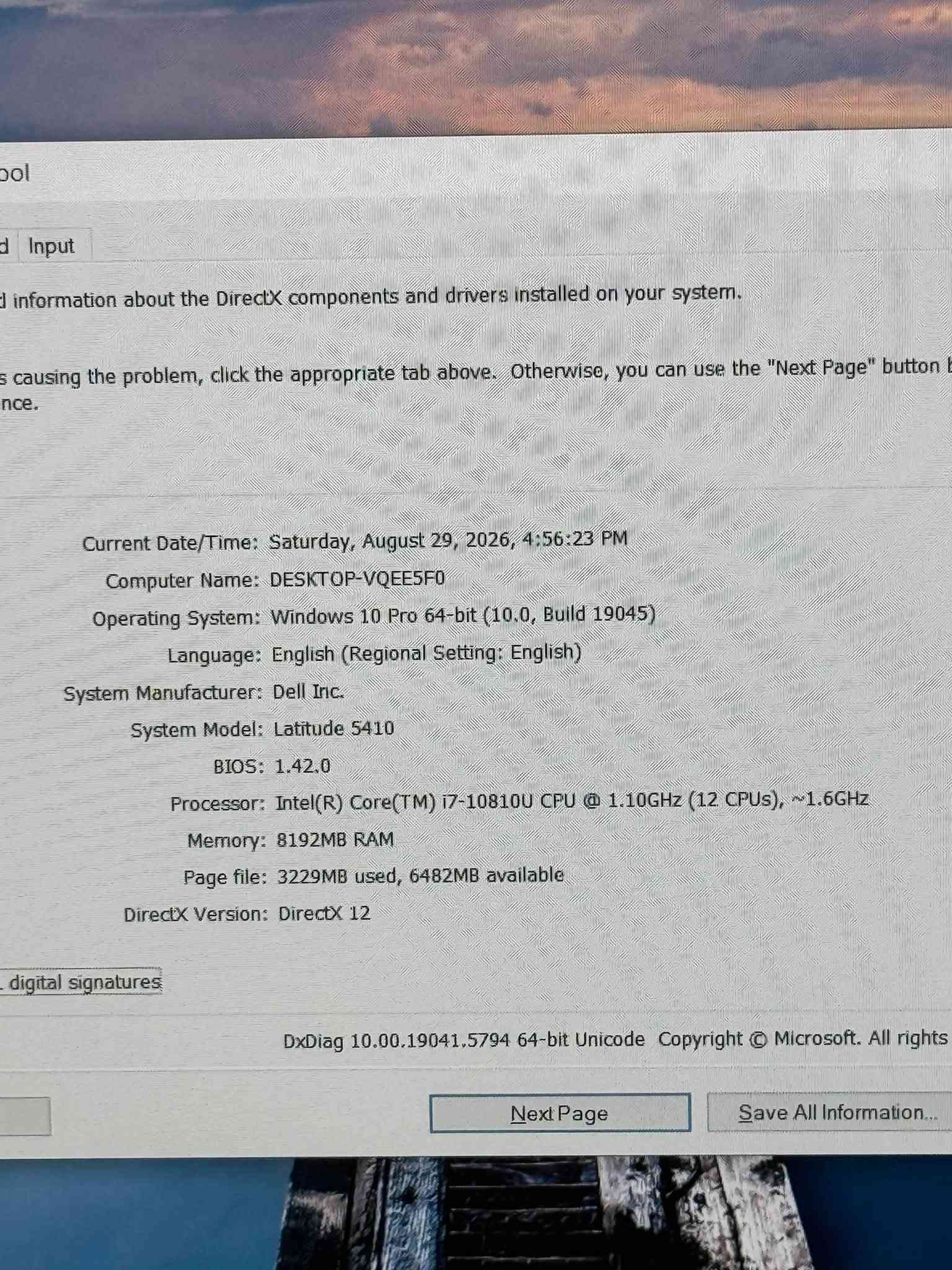 السلام عليكم
لابتوب DELL LATITUDE 5410 سلفر مواصفات حديثة وقوية 
كور اي سفن جيل عاشر كارت شاشة خارجي 
مواصفاتها 
Core i7 10810u كور اي سفن جيل عاشر 
Ram 8 كيكا ddr4
هارد ssd nvme m.2 256كيكا 
كارت شاشة داخلي intel (4كيكا) 
حجم الشاشة 14.1 ips full hd 
كيبورد ضوئي عربي انكليزي 
لابتوب تشغل البرامج الهندسية والتصميم والبرمجة والامن السيبراني 
لابتوب نضيفة كلش ومعتني بيها وبنضافتها 
ملحقاتها شاحنة اصلية وجنطة 
مكاني بغداد الاسكان واذا انت من غير محافظة اكدر ادزها بشركة توصيل 
السعر 450 الف 
***********

نص مكتوب في الصور:
- Current Date/Time: Saturday, August 29, 2026, 4:56:23 PM
- Computer Name: DESKTOP-VQEESF0
- Operating System: Windows 10 Pro 64-bit (10.0, Build 19045)
- Language: English (Regional Setting: English)
- System Manufacturer: Dell Inc.
- System Model: Latitude 5410
- BIOS: 1.42.0
- Processor: Intel(R) Core(TM) i7-10810U CPU @ 1.10GHz (12 CPUs), ~1.6GHz
- Memory: 8192MB RAM
- Page file: 3229MB used, 6482MB available
- DirectX Version: DirectX 12