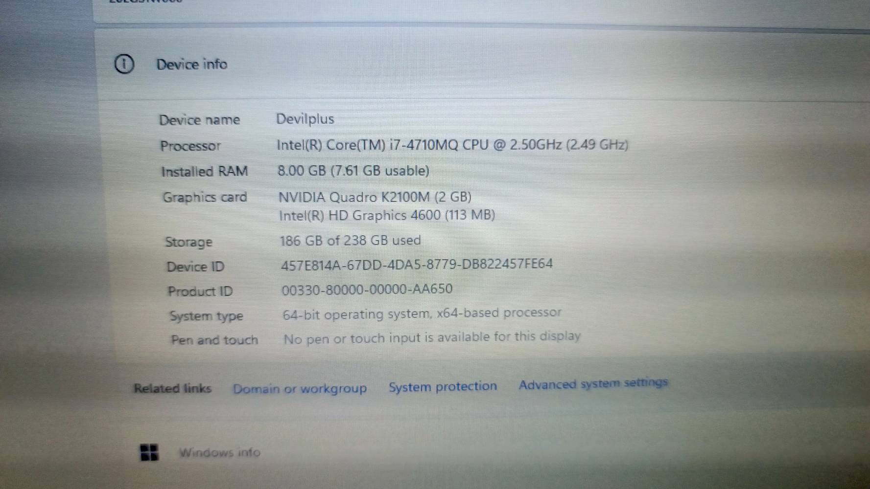 السلام عليكم 
لابتوب لينوفو ثنك باد 

نظامه ويندوز 11 برو 
مساحته 256 ssd 
الرام 8
يحتوي على كروت شاشة ثنين واحد مدمج والثاني خارجي 
واحد من Nvidia  k2100M 2G 
والثاني من انتل intel HD 4600
core i7 4710 MQ
الشاشة FHD-60Hz
تدعم الالعاب فورت نايت 60-70 فريم ثابت اذا حانت حراته متوسطة 
gta v  -- 40 فريم اداء متوسط 
واذا ضعيف 60 فريم 
وشيفرلي 2 - 60 فريم 
ذني الالعاب اني جربتهن عليه 

للاستفسار راسلني واتساب (***********)او هنا ✨