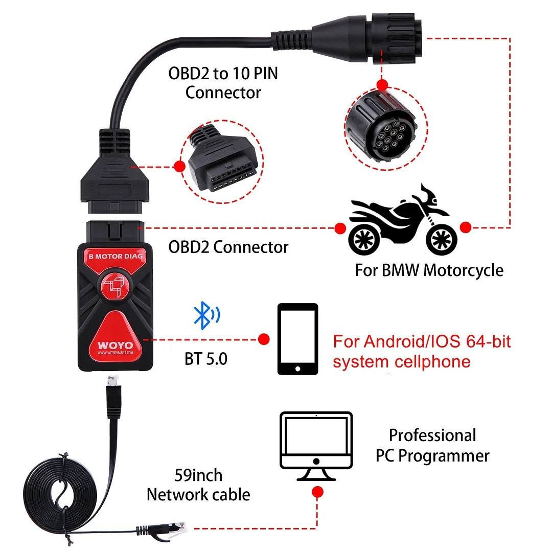 جهاز فحص دراجات اليدفع بي سعر معقول اشوفه خير
***********

نص مكتوب في الصور:
- OBD2 to 10 PIN Connector OBD2 Connector For BMW Motorcycle BT 5.0 For Android/IOS 64-bit system cellphone Professional PC Programmer 59inch Network cable
- Feedback - BT - Screenshot - Video
- Function
- -Bluetooth 5.0
- -Add 10+ VIN
- -Reset Service Reminders
- -Reset Mainenace Intervals
- -Read & Clear Fault Codes
- -Oil/Fluid Change Reset
- -View Control Unit Information
- -Check Sensor
- -ABS & Bleed Test
- -Log & Graph Live Values
- -Component Output Tests
- -Component Calibration
- -Adaptation Reset & Relearn
- ★-TPMS Learn & Reset(use with PL002)
- ★-Anti-theft Key Disabled
- -Data Backup
- -Free Upgrade Data
- Control BT Connect & Flashlight
- How to Download & Use App? For IOS 64-bit Cellphone Go to "APP Store" Search "BM DIAG" Download this APP For Android Cellphone Scan code to download. Download the App >>>>> Download App Account & Keyword Activate in Email Update Login Update the data packet Before updating the data packet, Please ensure your phone has storage memory of at least 2G.
- Read&Clear Code Scan 10+ VIN Anti-theft Key Disabled Reset Service Light Check Sensor Data Backup Free Update TPMS Reset Oil/Fluid Reset ABS Bleed TPS Reset View Data A/F Values Reset For IOS Android Phone
- BMW > Vehicle Manual Select Suit for BMW 2017-2024 C400X F900XR R1200ADV M1000R C400GT F700GS R1200RT R NineT C650GT F800GS R1200GS R18 F750GS S1000R R1250RT K1600 F850GS S1000RR R1250GS F900 S1000XR R1250ADV Why buy this WOYO CTB008? 1. If you want to save a trip & money from dealer to reset service light by yourself, it's a must have tool. 2. Suit for BMW Motorcycle year: 2017-2024. F700/F800 not support Reset Function. 3. Support: Bluetooth 5.0, for IOS/Android 64-bit system, if your phone is 32-bite, please download the emulator. 4. Each device has an independent username & password (Account Password Card in package, don't throw away). 5. 10+ VIN recognition, suitable for enthusiasts and professional technicians, can use with your moto friends. 6. Free to upgrade the data.
- Easy to reset by yourself!
- Save more money!
- Use with your cellphone!
- (For IOS/Android 64-bit)!
- Reset service light
- Reset oil change light
- Read/Clear Fault Codes
- For iphone IOS/ Android 64-bit system cellphone
- WOYO CTB008 2.0
- Bluetooth 5.0 Phone Diagnosis Tool
- For BMW Motorcycle
- (OBD2 / 10pin /6pin Connector)
- BT 5.0
- Original Level Testing Bluetooth 5.0 Stream Data Scan VIN Instrucment Coding Read & Clear Code Oil Reset ABS Bleed TPS Reset 22 Languages Android Phone Screen Shot Take Video EMAIL US FOR WHOLESALE PRICE