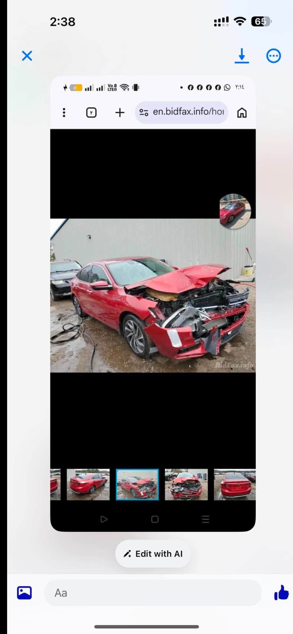 السلام عليكم ((((تم تنزيل السعر من 125الى110 بسبب السفر ))))هوندا انسايت هايبرد فئة تورنك موديل 2021فول مواصفات ⚡️وكلشي بيها شغال ✅
السيارة حادثها جاملغ اليمين امامي صور السونار موجوده
مرفق في المنشور ✅
الي تعجبه السياره يتصل على هذا الرقم *********** ويجي يشوفها
العنوان 📍بغداد قرب مطار بغداد السعر 110وبية مجال بسيط  السيارة حلوه ونضيفة كلش ._____________________________بيع مستعجل 💞
لعرض سيارتك بهاذا الطريقة تواصل معنا عبر صفحتنا 
الثقة لتجارة السيارات وبيعها 🥇 #

نص مكتوب في الصور:
- 2:38 65 2:14 en.bidfax.info/hoi Edit with AI Aa
- 2:38 65 2:14 en.bidfax.info/ho Edit with AI Aa