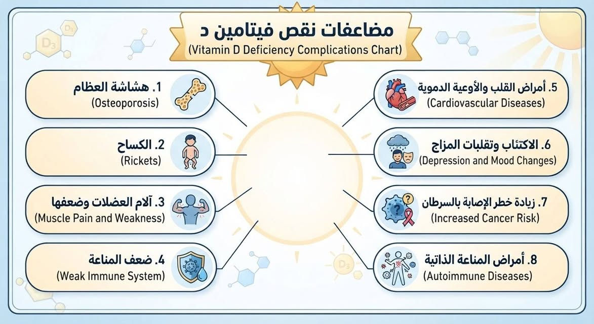 نقص فيتامين دي من المشاكل الصحية الشائعة جداً حول العالم، حيث يلعب هذا الفيتامين دوراً جوهرياً في صحة العظام والجهاز المناعي

 للاستفسار اكثر يمكنكم التواصل على الرقم / واتس اب 
***********
***********
***********
***********

المحمودية شارع الاطباء بالقرب من حسينية بيت النجار مقابل اسواق دار النجار مجاور صيدليه النبض  مجاور مختبر ألفا بلس للتحليلات المرضيه   داخل  مجمع ابن سينا الطبي  

#المحمودية
#المحموديه
#مجمعات
#مجمعات_طبية 
#اكسبلور 
#اكسبلور_فولو

نص مكتوب في الصور:
- مخطط أسباب نقص فيتامين د (VITAMIN D DEFICIENCY CAUSES CHART) 1. قلة التعرض للشمس (Lack of Sunlight Exposure) 2. استخدام واقي الشمس المفرط (Excessive Sunscreen Use) 3. البشرة الداكنة (Dark Skin) 4. التقدم في السن (Aging) 5. سوء الامتصاص المعوي (Malabsorption Syndromes) 6. أمراض الكلى المزمنة (Chronic Kidney Disease) 7. أمراض الكبد (Liver Diseases) 8. سوء التغذية (Malnutrition)
- مخطط أعراض نقص فيتامين د (VITAMIN D DEFICIENCY SYMPTOMS CHART) 1. آلام العظام 2. التعب والإرهاق المستمر 3. ضعف العضلات وتشنجات 4. هشاشة العظام وسهولة الكسر 5. الاكتئاب وتغيرات (Depression & Mood Chans) 6. تساقط الشعر 7. ضعف المناعة وكثرة الأمراض 8. آلام الظهر أعراض إضافية ضعف التئام الجروح الدوار والدوخة زيادة الوزن ضعف التئام الجروح
- مضاعفات نقص فيتامين د (Vitamin D Deficiency Complications Chart) 1. هشاشة العظام (Osteoporosis) 2. الكساح (Rickets) 3. آلام العضلات وضعفها (Muscle Pain and Weakness) 4. ضعف المناعة (Weak Immune System) 5. أمراض القلب والأوعية الدموية (Cardiovascular Diseases) 6. الاكتئاب وتقلبات المزاج (Depression and Mood Changes) 7. زيادة خطر الإصابة بالسرطان (Increased Cancer Risk) 8. أمراض المناعة الذاتية (Autoimmune Diseases)