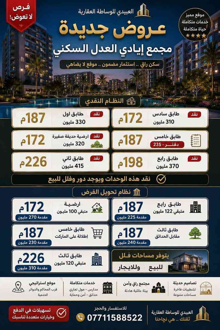 عروض جديدة للبيع وللايجار في مختلف المجمعات السكنية الاستفسار *********** بغداد, العراق
