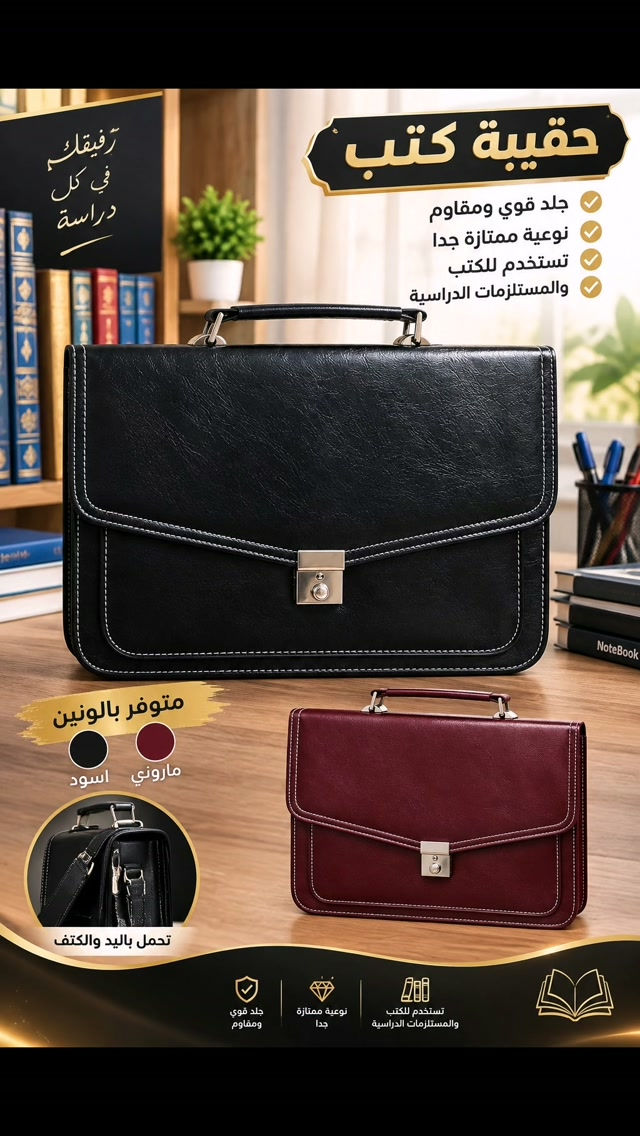حقيبة كتب جلد
جلد قوي ومقاوم
نوعية ممتازة جدا
تستخدم للكتب
والمستلزمات الدراسية
متوفر بالونين اسود وماروني
تحمل باليد والكتف

#حقيبة #جلد #كتب #مدرسه #

نص مكتوب في الصور:
- رفيقك في كل دراسة حقيبة كتب جلد قوي ومقاوم نوعية ممتازة جدا تستخدم للكتب والمستلزمات الدراسية متوفر بالونين ماروني اسود تحمل باليد والكتف تستخدم للكتب والمستلزمات الدراسية نوعية ممتازة جدا جلد قوي ومقاوم