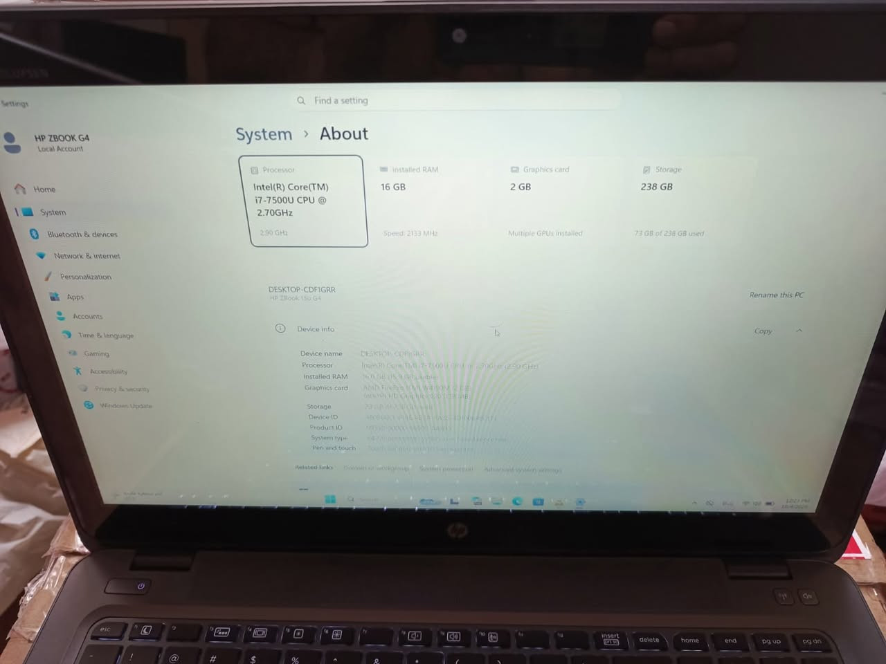 السلام عليكم ورحمة الله وبركاته
لابتوب نحيف وخفيف ومحطة عمل متنقلة من تحف الصناعة   اخوان يتوفر
 (نظافة عالية جدا) اخو الجديد
HP ZBook 15u G4 بشاشة لمس 15.6  لابتوب
صوت مميز بسبب تقنيةBANG & OLUFSEN
-          Processor: Intel Core i7-7500U (7th Generation)
-       Memory (RAM): 16GB DDR4
-       Storage: 256gb SSD m.2 samsung MZ (upgraded from original factory drives)مع هارد اضافي للخزن 500 كيكا ساتا
-       Display: 15.6-inch Full HD (1920 x 1080) IPS Touchscreen
-       Graphics: AMD FirePro W4190M (2GB GDDR5 VRAM) + Intel HD Graphics 620
-       Operating System: Windows 11 Pro اصلي يجي مع اللابتوب مفعل
-        والبطارية ممتازة الاصلية اخت الجديدة
-       شاحنة اج بي اصلية
-       مع البرامج الخدمية والاوتوكاد
-       السعر 350 الف  (سامحونا لان شوي السوك بس ان شاءالله نتساهل بالسعر على قدر الاستطاعة )
-        الموقع بغداد للتواصل *********** واتس ايضا مع الشكر لادارة الكروب

نص مكتوب في الصور:
- Settings HP ZBOOK G4 Local Account Home System Bluetooth & devices Network & internet Personalization Apps Accounts Time & language Gaming Accessibility Privacy & security Windows Update Find a setting System > About Processor Intel(R) Core(TM) i7-7500U CPU @ 2.70GHz 2.90 GHz Installed RAM 16 GB Speed: 2133 MHz Graphics card 2 GB Multiple GPUs installed Storage 238 GB 71 GB of 238 GB used DESKTOP-CDF1GRR HP ZBook 15u G4 Rename this PC Device info Copy Device name DESKTOP-CDF1GRR Processor Intel(R) Core(TM) i7-7500U CPU @ 2.70GHz (2.90 GHz) Installed RAM 16.0 GB (15.9 GB usable) Graphics card AMD FirePro (TM) W4190M (2 GB) Intel(R) HD Graphics 620 (128 MB) Storage 71 GB of 238 GB used Device ID 3E0586CF-F10E-482A-8A35-4D100648C171 Product ID 00330-80000-00000-AA985 System type 64-bit operating system, x64-based processor Pen and touch Touch support with 10 touch points Related links Domain or workgroup System protection Advanced system settings 32°C عالَم غالباً Search ENG 12:51 PM 10/4/2026
- HWiNFO64 v8.50-6020 @ HP HP ZBook 15u G4 - System Summary
- CPU
- Intel Core i7-7500U
- 14 nm
- Stepping
- H0
- TDP
- 15 W
- Codename
- Kaby Lake-U
- MCU
- F4
- SSPEC
- SR2ZV, SR341
- Prod. Unit
- CPU # 0
- Platform
- BGA1356/BGA1515
- Core
- 2 / 4
- Cache L1
- 2x32 + 2x32
- L2
- 2x256
- L3
- 4M
- Features
- MMX
- 3DNow!
- 3DNow!-2
- SSE
- SSE-2
- SSE-3
- SSSE-3
- SSE4A
- SSE4.1
- SSE4.2
- AVX
- AVX2
- AVX-512
- AVX10
- BMI2
- ABM
- TBM
- FMA
- ADX
- XOP
- AMX
- DEP
- VMX
- SMX
- SMEP
- SMAP
- TSX
- MPX
- EM64T
- EIST
- TM1
- TM2
- HTT
- Turbo
- SST
- AES-NI
- RDRAND
- RDSEED
- SHA
- SGX
- TME
- APX
- Operating Point
- Clock
- Ratio
- Bus
- VID
- MFM (LPM)
- 400.0 MHz
- x4.00
- 100.0 MHz
- LFM (Min)
- Base Clock (HFM)
- 2900.0 MHz
- x29.00
- Turbo Max
- 3500.0 MHz
- x35.00
- Avg. Active Clock
- 3092.4 MHz
- x31.00
- 99.8 MHz
- 1.0346 V
- Avg. Effective Clock
- 2863.3 MHz
- x28.70
- Ring/LLC Max
- 3300.0 MHz
- x33.00
- Ring/LLC Clock
- 2892.9 MHz
- System Agent Clock
- 798.0 MHz
- x8.00
- Motherboard
- HP 828C
- Chipset
- Intel Kaby Lake-U + iHDCP 2.2 Premium PCH
- BIOS Date
- 10/05/2023
- Version
- P78 Ver. 0.148
- UEFI
- Memory
- Size
- 16 GB
- Type
- DDR4 SDRAM
- 1064.1 MHz
- =
- 10.67
- x
- Mode
- Single-Channel
- CR
- 2T
- Timing
- 15
- 35
- tRC
- 50
- tRFC
- 374
- Memory Modules
- #0 [ChannelA/Bottom-Slot 1(left)]: Samsung M471A2K43CB1-CT
- 1333 MHz
- ECC
- No
- DDR4-2666 / PC4-21300 DDR4 SDRAM SO-DIMM
- tCL
- tRCD
- tRP
- tRAS
- RC
- Ext.
- V
- 1333
- 19
- 43
- 61
- 1.20
- 1200
- 17
- 39
- 55
- 1067
- 49
- 933.3
- 13
- 30
- 800.0
- 11
- 26
- 37
- 666.7
- 10
- 22
- 31
- GPU
- Intel HD Graphics 620 (Kaby Lake-U GT2) [H0] [Hew
- Intel HD Graphics 620
- Kaby Lake-U GT2
- PCIe v2.0 x0 (5.0 GT/s) @ [DISABLED]
- GPU # 0
- 8.06 GB
- SDRAM
- 64-bit
- Xe Cores
- 1
- EUs / ALUS
- 24 / 192
- Current Clocks (MHz)
- 299.3
- 1063.0
- Video
- 400.0
- Operating System
- UEFI Boot
- Secure Boot
- TPM
- HVCI
- Microsoft Windows 11 Professional (x64) Build 26200.8524 (25H2)
- Drives
- Interface
- Model [Capacity]
- NVMe x4 8.0 GT/s
- SAMSUNG MZFLV256HCHP-000MV [2...
- Designed Capacity: 51051 mWh Full Charged Capacity: 47112 mWh Wear Level: 7.7 % Cycle Count: 19
- Settings
- Find a setting
- System > About
- Processor
- Intel(R) Core(TM)
- i7-7500U CPU @
- 2.70GHz
- 2.90 GHz
- Installed RAM
- Speed: 2133 MHz
- Graphics card
- 2 GB
- Multiple GPUs installed
- Storage
- 238 GB
- 73 GB of 238 GB used
- DESKTOP-CDF1GRR
- HP ZBook 15u G4
- Rename this PC
- Device info
- Copy
- Device name DESKTOP-CDF1GRR
- Processor Intel(R) Core(TM) i7-7500U CPU @ 2.70GHz 2.90 GHz
- Installed RAM 16.0 GB (15.9 GB usable)
- Graphics card AMD FirePro W4190M 2 GB
- Intel(R) HD Graphics 620 (113 MB)
- Storage 238 GB M.2 NVMe
- Device ID 4B91AD23-3765-47E4-A100-2EBDF4F0F471
- Product ID 00330-80000-00000-AA443
- System type 64-bit operating system, x64-based processor
- Pen and touch Touch support with 10 touch points
- Related links Domain or workgroup System protection Advanced system settings
- HP ZBOOK G4
- Local Account
- Home
- System
- Bluetooth & devices
- Network & internet
- Personalization
- Apps
- Accounts
- Time & language
- Gaming
- Accessibility
- Privacy & security
- Windows Update
- Device name
- Intel(R) Core(TM) i7-7500U CPU @ 2.70GHz (2.90 GHz)
- 16.0 GB (15.9 GB usable)
- AMD FirePro W4190M (2 GB)
- Intel(R) HD Graphics 620 (128 MB)
- 23 GB of 238 GB used
- Device ID
- 35DDBE5F-1065-452A-9AF5-4D10D678D171
- Product ID
- 00330-80000-00000-AA485
- System type
- 64-bit operating system, x64-based processor
- Pen and touch
- Touch support with 10 touch points
- Related links
- Domain or workgroup
- System protection
- Advanced system settings
