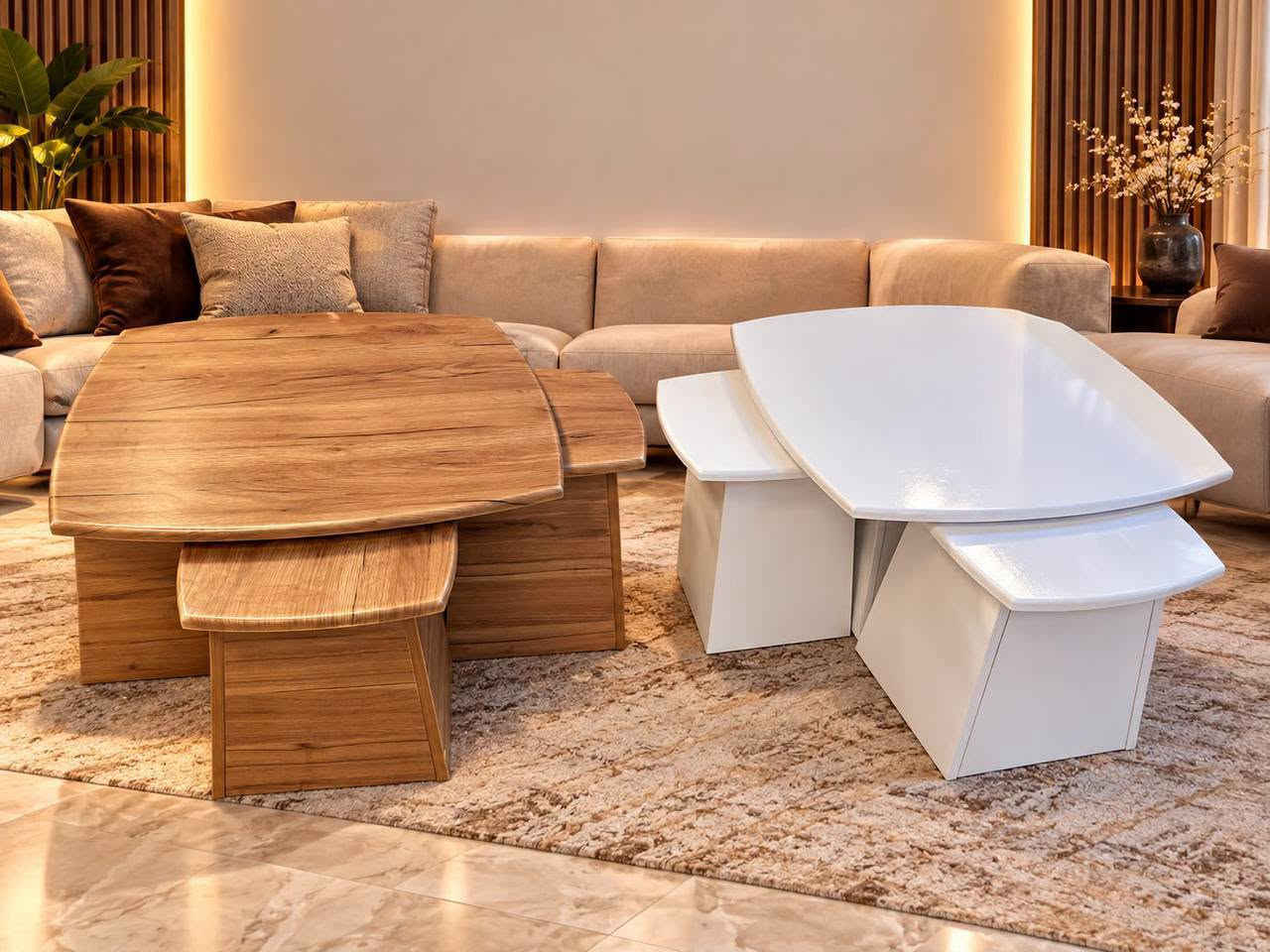 سيت طبلات طبله وسطية مع3صغار 
موديلات جديده في تصميم عصري وأنيق لاصحاب الذوق الرفيع والتميز 👌👌 

خشب مرمري ضد الماء وايضا الحراره ثقيل جدا 💯 
يتوفر في الونين ابيض وجوزي 

منشأ تركي 😍🇹🇷 

للحجز والاستفسار يمكنك مراسلتنا على الصفحه الرئيسيه 
وايضا يمكنك لاتصال واتساب او تصال هاتفي 📞📞
رقم الهاتف ***********

توجد خدمه توصيل كافه محافظات العراق 🚛🚛🚛🚛

نص مكتوب في الصور:
- طاولة وسطية + 3 طبلات منفصلة بتصميم عصري وأنيق خشب عالي الجودة تصميم عصري يناسب جميع الديكورات سطح سهل التنظيف قواعد ثابتة ومتينة سطح أملس بتفاصيل طبيعية قواعد قوية ومتينة 3 طبلات منفصلة