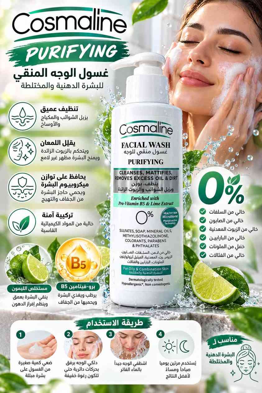 ✨ غسولات Cosmaline للعناية اليومية بالبشرة ✨

🫧 تنظيف لطيف وفعّال
💧 ترطيب وانتعاش
🌿 عناية حسب نوع البشرة

🍊 Hydrating — للبشرة العادية إلى الجافة: ينظف، يرطب ويهدّئ البشرة، مع برو-فيتامين B5 ومستخلص البرتقال.

🍋 Purifying — للبشرة الدهنية والمختلطة: ينظف بعمق، يساعد على تقليل اللمعان والدهون الزائدة، مع برو-فيتامين B5 ومستخلص الليمون.

🤍 اختاري الغسول المناسب لبشرتك وخلي العناية اليومية أسهل وأجمل!

سعر 5.000
عنوان بغداد اركية وفاضل شارع المسبح العام
توصيل داخل المنطقة مجاناً بغداد والمحافظات 5
للحجز والاستفسار مراسلة الصفحة او الرقم ***********

نص مكتوب في الصور:
- Cosmaline غسول الوجه المرطب للبشرة العادية إلى الجافة ينظف يزيل الشوائب والمكياج والأوساخ يرطب يمنح البشرة ترطيباً عميقاً وطويل الأمد يهدئ البشرة يخفف من الجفاف ويمنحها نعومة وراحة برو-فيتامين B5 + مستخلص البرتقال يغذي البشرة ويحميها ويمنحها إشراقة طبيعية يدعم توازن ميكروبيوم البشرة يحافظ على حاجز البشرة الطبيعي ويعيد توازنها خال من البارابين الملونات الفثالات السلفات الصابون الزيوت المعدنية مختبر من أطباء الجلدية Hypoallergenic Non-comedogenic لا يسبب انسداد المسام
- Cosmaline PURIFYING غسول الوجه المنقي للبشرة الدهنية والمختلطة تنظيف عميق يزيل الشوائب والمكياج والأوساخ يقلل اللمعان ويتحكم بالزيوت الزائدة ويمنح البشرة مظهر غير لامع يحافظ على توازن ميكروبيوم البشرة ويحمي حاجز البشرة من الجفاف والتهيج تركيبة آمنة خالية من المواد الكيميائية القاسية مستخلص الليمون ينقي البشرة بعمق وينظم إفراز الدهون برو-فيتامين B5 يرطب ويغذي البشرة ويحميها من الجفاف 0% خالي من السلفات خالي من الصابون خالي من الزيوت المعدنية خالي من البارابين خالي من الملونات خالي من الفثالات طريقة الاستخدام 1 ضعي كمية صغيرة من الغسول على بشرة مبللة 2 دلكي الوجه برفق بحركات دائرية حتى تتكون رغوة خفيفة 3 اشطفي الوجه جيداً بالماء الفاتر 4 يُستخدم مرتين يوميا صباحاً ومساءً لأفضل النتائج مناسب لـ البشرة الدهنية والمختلطة