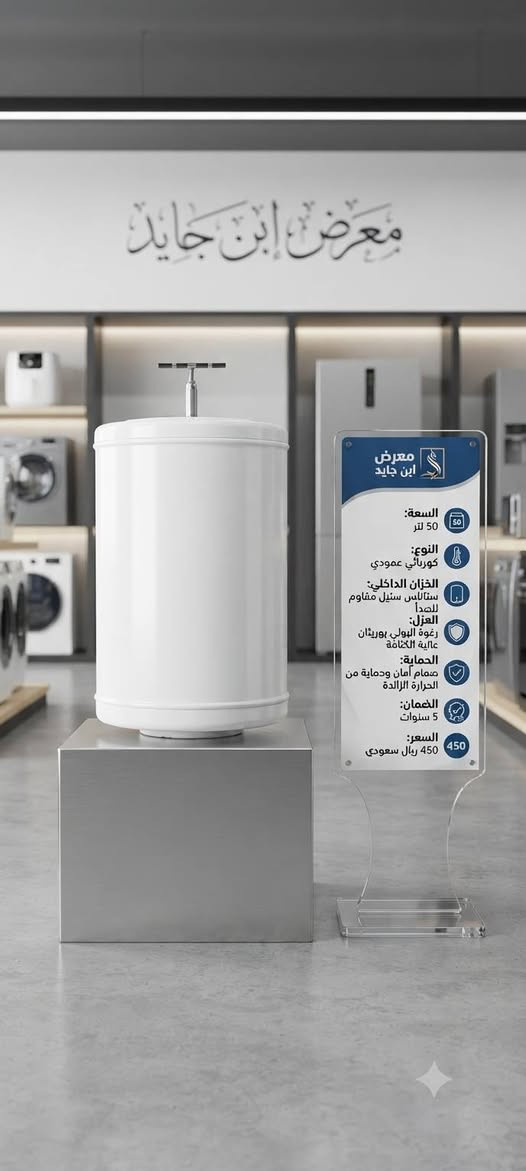عروض لا تعوض من معرض ابن جايد! جهز بيتك للشتاء وامنح عائلتك الدفء المستمر مع أقوى تشكيلة سخانات بأحجام تلبي كل احتياجاتك.
​اختر السخان الأنسب لمنزلك:
​سخان 160 لتر: الخيار المثالي للعائلات الكبيرة والاستهلاك الواسع لضمان مياه ساخنة دون توقف.
​سخان 120 لتر: التوازن المثالي بين السعة الكبيرة والأداء العملي لتغطية احتياجات العائلة اليومية بكفاءة عالية.
​سخان 80 لتر: الحجم الاقتصادي والذكي، مثالي للشقق والشقق السكنية والاستخدام المعتدل.
​🎁 عروض حصرية مع كل سخان:
​هدية مجانية: هيتر وأتوماتيك مع كل جهاز.
​ضمان استبدال موسمي حقيقي يشمل السخان والملحقات لراحة بالك طوال فصل الشتاء.
​زورونا الآن في معرض ابن جايد:
📍 الموقع: النجف - مزارع اليرموك - مقابل مول بوابة الغدير.
📞 للحجز والاستفسار: ***********

نص مكتوب في الصور:
- معرض ابن جايد السعة: 100 لتر النوع: كهربائي عمودي الخزان الداخلي: ستانلس ستيل مطلي العزل: رغوة البولي يوريثان عالية الكثافة الحماية: حماية من الحرارة الزائدة والصمام الجهد: 220-240 فولت الضمان: 5 سنوات احجز الآن! 0566 646 5105
- ابن جايد Showroom السعة: 50/80/100 لتر النوع: كهربائي عمودي الخزان الداخلي: ستانلس ستيل مطلي العزل: رغوة البولي يوريثان عالية العزل: عالية الكثافة الحماية: ترموستات قابل للتعديل القوة: 1500/2000 واط الضمان: 5 سنوات على الخزان احجز الآن! 05x xxx xxxx www.ibnjayed.com
- الشتاء قادم لكن معرض أبن جايد موجود