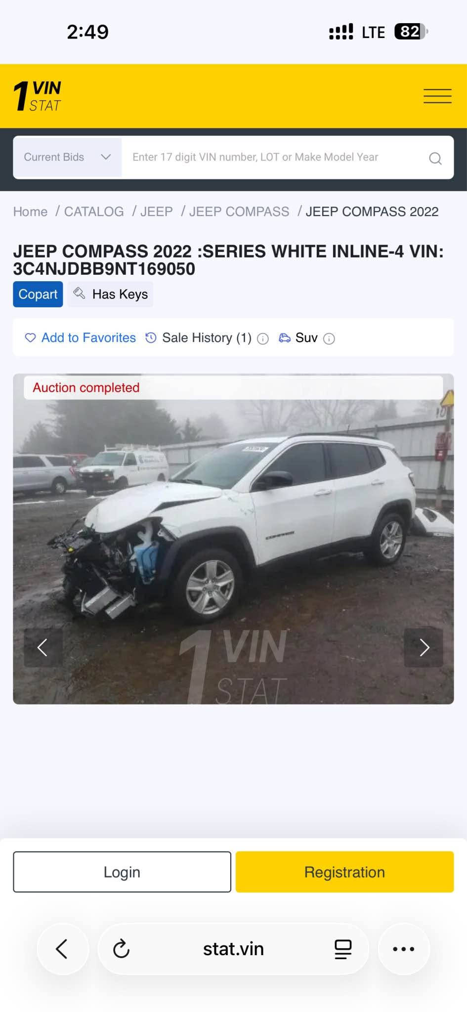 کوردی /عربی 
*********
دروستكراوي :- jeep 
مۆدێل :-  compass
ساڵ :2022
بزوێنەر : V4 2.4L
بگۆری بزوێنەر : Automatic 
سوتەمەنی : بنزين 
نرخ : 144.00$
دۆخ : بەکارهاتو
ماوەی ڕۆشتوو: . 46 mile
تابلو ئوتومبێل :  هەولێر 
بۆیاغ: یەك پارچە تەنها بۆنیت
مواسفات: فول بانوراما دبل اكسل
***********
‎النوع :-     Jeep
المودیل : compass
السنة :2022
المحرك : V4 2.4L
ناقل الحركة: Automatic
نوع الوقود : بنزين
الحالة: المستخدم 
السعر: 144.00$
عدد اميال :     46 mile 
رقم السیارە: اربيل
صبغ: قطعة فقط بونيت  
مواسفات: فول بانوراما دبل اكسل
*********
 ***********
*********** أربيل, العراق

نص مكتوب في الصور:
- 2:49 LTE 82 1 VIN STAT Current Bids Enter 17 digit VIN number, LOT or Make Model Year Home CATALOG JEEP JEEP COMPASS JEEP COMPASS 2022 JEEP COMPASS 2022 SERIES WHITE INLINE-4 VIN: 3C4NJDBB9NT169050 Copart Has Keys Add to Favorites Sale History (1) Suv Auction completed VIN STAT Login Registration stat.vin
- 1 VIN STAT Current Bids Enter 17 digit VIN number, LOT or Make Model Year Home / CATALOG / JEEP / JEEP COMPASS / JEEP COMPASS 2022 JEEP COMPASS 2022 :SERIES WHITE INLINE-4 VIN: 3C4NJDBB9NT169050 Copart Has Keys Add to Favorites Sale History (1) Suv Auction completed 1 VIN STAT Login Registration stat.vin
- 2:49 LTE 82 1 VIN STAT Current Bids Enter 17 digit VIN number, LOT or Make Model Year Home / CATALOG / JEEP / JEEP COMPASS / JEEP COMPASS 2022 JEEP COMPASS 2022 :SERIES WHITE INLINE-4 VIN: 3C4NJDBB9NT169050 Copart Has Keys Add to Favorites Sale History (1) Suv Auction completed VIN STAT Login Registration stat.vin