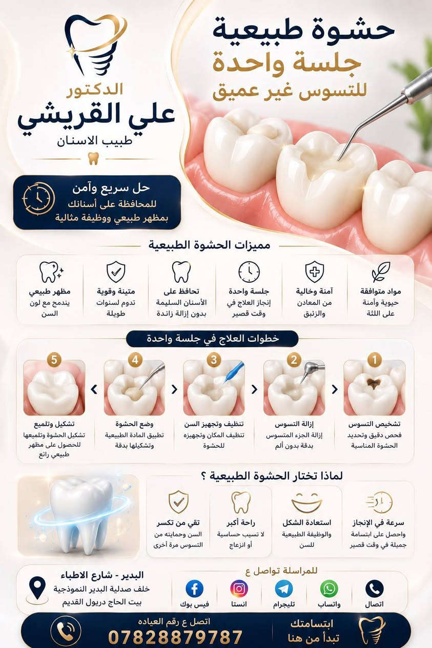 مميزات شغل عياده الدكتور علي القريشي
نتائج شغلنه تسولفكم ع جوده ورصانه علمنه 💪💪
متواجدين يوميا من الساعه ٣عصرا الئ ساعه ب8 ونص مساء 
الجمعه صباحا من ساعه ب8 صبح الئ ساعه ١٢ضهرا 
الجمعه عصرا من ساعه ٣عصرا الئ ساعه ب 8ونص مساء 
يوم السبت  يكون فقط تقويم 
تنورونه باي وقت 
للحجز والاستفسار أما مراسله صفحه أو ع واتساب 
أو اتصال ع رقم العياده ***********
