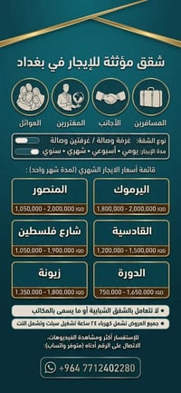 شقق ومنازل مؤثثه للايجار في معظم مناطق بغداد