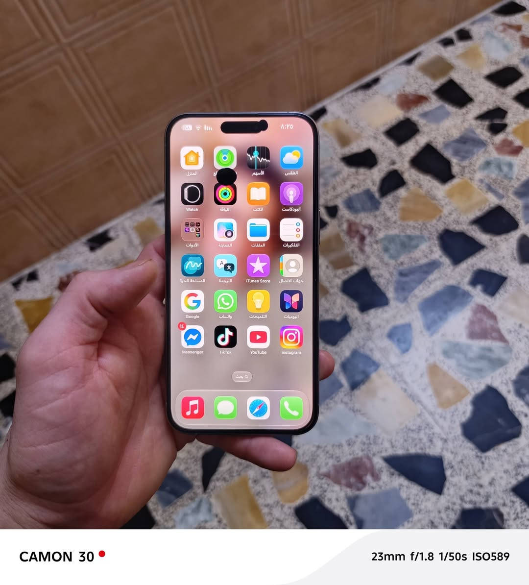 ايفون ١٥برو ماكس ماستر AAA ذاكره ٢٥٦وبطاريه ٨٥جهاز ما مفتوح ابد بس بي نقطتين بشاشه وممثرات نهايا عبالك كلشي مبي وسبب لوكعه في ايدي واكف نضافه جهاز ١٠٠/١٠٠مكاني بغداد السعر ٧٠٠ قفل ***********

نص مكتوب في الصور:
- CAMON 30 23mm f/1.8 1/50s ISO917
- CAMON 30
- 23mm f/1.8 1/50s ISO589
- 23mm f/1.8 1/50s ISO875
- 23mm f/1.8 1/33s ISO746
- CAMON 30  23mm f/1.8 1/33s ISO697
- CAMON 30 23mm f/1.8 1/50s ISO190
- CAMON 30 23mm f/1.8 1/50s ISO196
- CAMON 30 23mm f/1.8 1/50s ISO691
- CAMON 30 23mm f/1.8 1/33s ISO946
