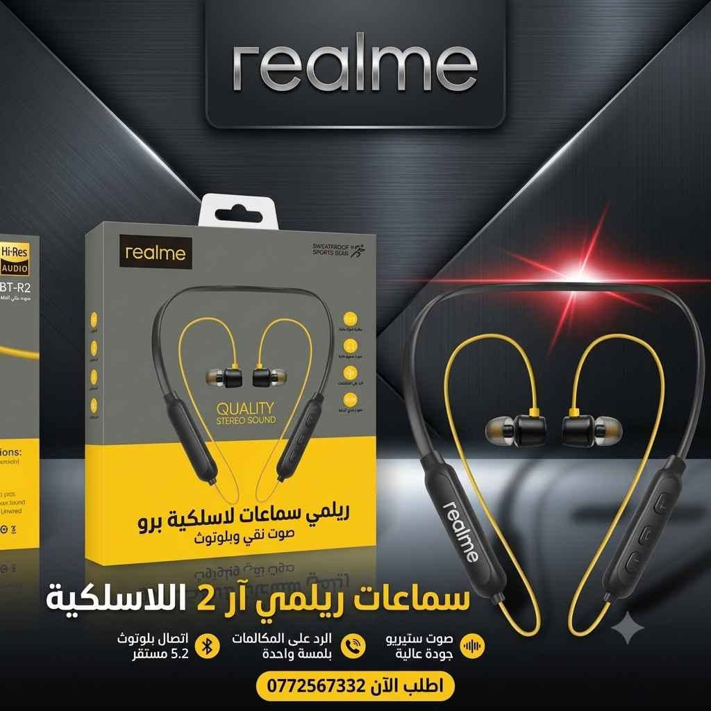 🔥 اسمع العظمة وخلي الموسيقى وياك وين ما تروح! 🎧✨
سماعة BT-R2 اللاسلكية بلمسة رياضية أنيقة وتصميم مريح، تجمع لك الصوت العالي والواضح مع الأداء الممتاز:
🎶 صوت ستيريو عالي الوضوح ينقلك لغير عالم.
🔋 تشغيل مستمر لحد 6 ساعات بدون انقطاع.
📶 بلوتوث سريع واقتران تلقائي بمدى يوصل لـ 10 متر.
📞 خاصية الرد على المكالمات بكل سهولة.
🏃‍♂️ تصميم رياضي جذّاب يثبت وياك بكل حركة.
💰 السعر: 11 ألف دينار عراقي فقط!
🚚 أجور التوصيل:
بغداد: 3 آلاف دينار
باقي المحافظات: 5 آلاف دينار
📲 للطلب والحجز، تواصل معنا الآن على الرقم:
*********** بغداد, العراق

نص مكتوب في الصور:
- aroima.iq 6 د
- realme
- ريلمي سماعات لاسلكية برو صوت نقي وبلوتوث
- سماعات ريلمي آر 2 اللاسلكية
- صوت ستيريو جودة عالية
- الرد على المكالمات بلمسة واحدة
- اتصال بلوتوث 5.2 مستقر
- اطلب الآن 0772567332
- Bluetooth سماعة لاسلكية رياضية BT-R2 صوتك بلا حدود... وبلا أسلاك 6 ساعات تشغيل مستمر صوت ستيريو وضوح عال HD رد على المكالمات تصميم رياضي مريح 10 أمتار اتصال بلوتوث ثابت اطلب الآن ***********