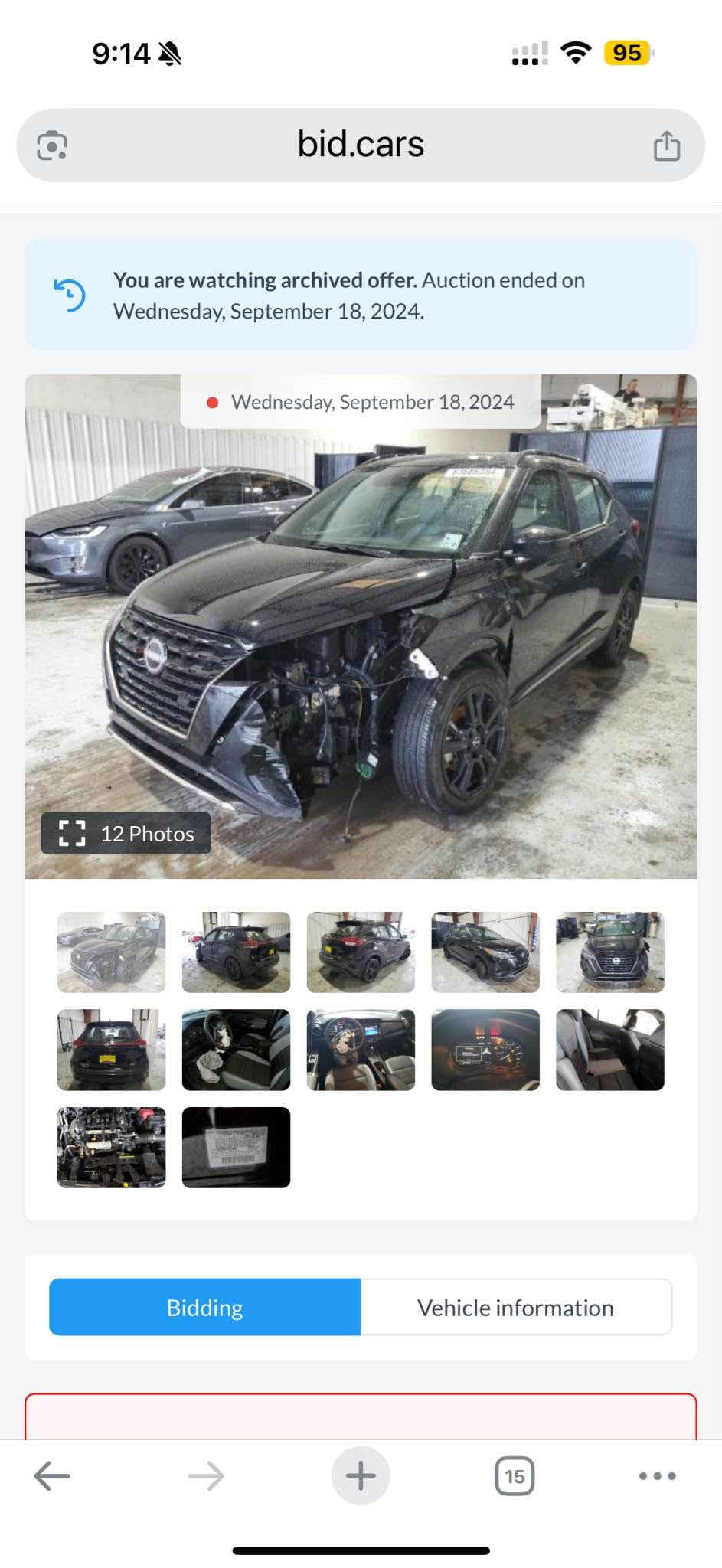 Nissan kicks SR full full 2024 
نيسان کیکس اس ار فوول فوول رسمی دعمو سۆنرم داناوە هەموو شت جاهیزە سێرڤس وشتی تازە بۆکراوە توندو تۆڵە مەجالێکی کەم
*********** أربيل, العراق

نص مكتوب في الصور:
- 9:14 95 bid.cars You are watching archived offer. Auction ended on Wednesday, September 18, 2024. Wednesday, September 18, 2024 12 Photos Bidding Vehicle information