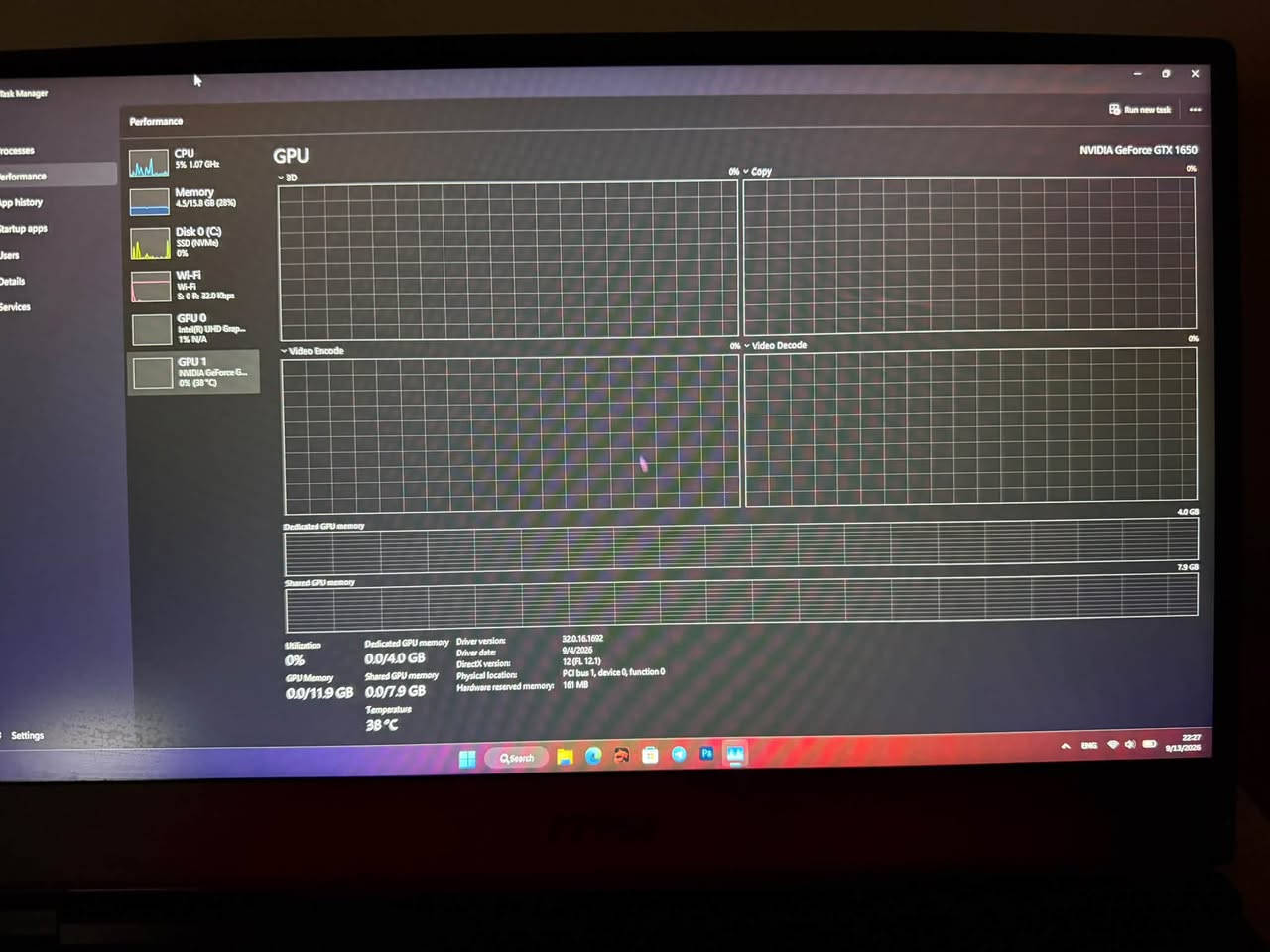 السلام عليكم 
لابتوب msi
المعالج: core i5 جيل تاسع
كارت شاشة: gtx1650
الهارد: ssd 500Gb
الرام: 16 Gb
البطارية شحنها ممتاز 
الشاشة: 144 Hzلكن فيها نقطة وردية في الوسط متبين الا على الشاشة السوداء 
السعر 500 الف 
للتواصل واتس اب : ***********

نص مكتوب في الصور:
- Task Manager Performance CPU 42% 3.14 GHz Memory 4.6/15.8 GB (29%) Disk 0 (C:) SSD (NVMe) 52% Wi-Fi Wi-Fi 2 (5.0 GHz): 312 Mbps GPU 0 Intel(R) UHD Graphics 0% 10 A GPU 1 NVIDIA GeForce G... 0% 38 °C GPU NVIDIA GeForce GTX 1650 3D 0% 0% Copy Video Encode Video Decode Dedicated GPU memory 0% 0.0/4.0 GB Shared GPU memory 0.0/11.9 GB 0.0/7.9 GB Temperature 38 °C Driver version Driver date DirectX version Physical location PCI bus 1, device 0, function 0 Hardware reserved memory 181 MB 22:27 8/13/2023
- Task Manager Performance CPU Memory Disk 0 (C:) Wi-Fi GPU 0 GPU 1 Processes Performance App history Startup apps Users Details Services NVIDIA GeForce GTX 1650 0% Run new task 5% 1.07 GHz 4.5/15.8 GB (28%) 0% S:0 R: 32.0 KBps 1% N/A 0% (38 °C) GPU 3D 0% Copy 0% Video Encode 0% Video Decode 0% Dedicated GPU memory Shared GPU memory 4.0 GB 7.9 GB Utilization 0% GPU Memory 0.0/11.9 GB Dedicated GPU memory 0.0/4.0 GB Shared GPU memory 0.0/7.9 GB Temperature 38 °C Driver version: 32.0.16.1692 Driver date: 9/4/2026 DirectX version: 12 (FL 12.1) Physical location: PCI bus 1, device 0, function 0 Hardware reserved memory: 161 MB Settings Search ENG 22:27 9/13/2026
- Task Manager
- Performance
- CPU
- 33% 3.34 GHz
- Memory
- 16.0 GB (29%)
- Disk 0 (C:)
- SSD (NVMe)
- 3%
- Wi-Fi
- S: 0 R: 24.0 Kbps
- GPU 0
- Intel(R) UHD Grap...
- 0% N/A
- GPU 1
- NVIDIA GeForce G...
- 0% (38 °C)
- Memory usage
- 60 seconds
- Memory composition
- In use (Compressed)
- 4.6 GB (0 MB)
- Committed
- 4.6/31.8 GB
- Paged pool
- 454 MB
- Available
- 11.3 GB
- Cached
- 4.4 GB
- Non-paged pool
- 363 MB
- Speed:
- Slots used:
- Form factor:
- Hardware reserved:
- 2400 MT/s
- 2 of 2
- SODIMM
- 193 MB
- 16.0 GB DDR4
- 15.8 GB
- 22:27
- 9/13/2026
- Processes
- App history
- Startup apps
- Users
- Details
- Services
- 5% 1.91 GHz
- 4.5/15.8 GB (28%)
- 5%
- 0 R: 0 T: 0 Kbps
- 4.5 GB (22.3 MB)
- SO-DIMM
- 4.6 GB
- Hardware reserved: 199 MB
- 401 MB
- 365 MB
- Settings
- Search
- msi
- steelseries
- GEFORCE
- GTX