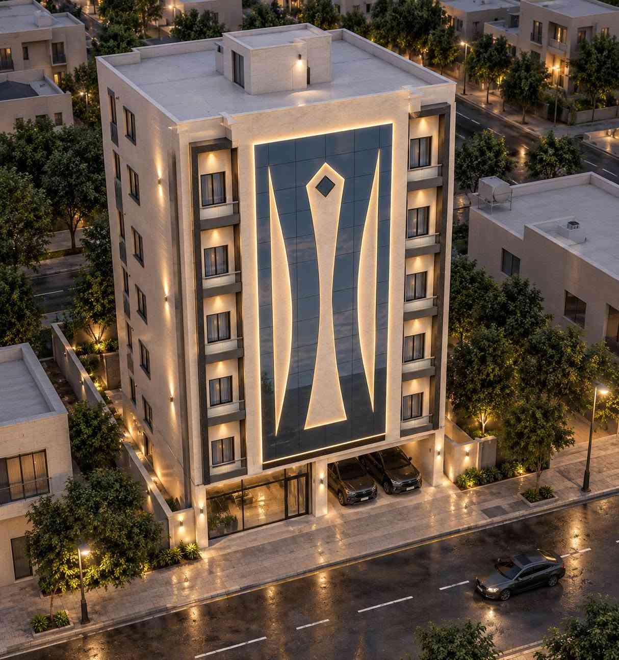 مشروع فندق حديث – منطقة العرصات، بغداد
هذه الواجهة تمثل التصميم المعماري المقترح لفندق حديث من تنفيذنا في منطقة العرصات ، بمساحة إجمالية تبلغ حوالي 2,500 متر مربع. يتميز التصميم بواجهة عصرية تجمع بين البورسلين، وزجاج الواجهات، والخطوط الهندسية والإضاءة المخفية، مع مراعاة الطابع الفندقي الفخم والوظيفي للمبنى.

للاستفسار الاتصال بناء على الرقم ***********
او زيارتنا في مكتبنا الكائن في زيونة
