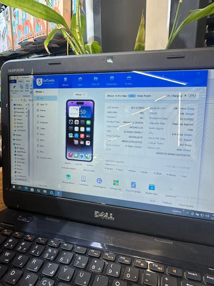 آيفون 14pro max  للبيع 128 كيكا نموذج M جهاز كل ع بلاد شرط فقط ضهره مكسور بطاريه حاليا 83 السعر 900 وبي مجال قليل واتس***********

نص مكتوب في الصور:
- ٤:٣٩ حول الاسم iPhone إصدار iOS 26.5.2 اسم الطراز iPhone 14 Pro Max رقم الطراز MQ8R3LL/A الرقم التسلسلي GDJH4LQKTO انتهت صلاحية التغطية الأغاني الفيديوات ١٤٩ الصور ١,٨٥٨ التطبيقات ٢١ السعة ١٢٨ غ.ب. متوفرة ٦٤,٩١ غ.ب. عنوان Wi-Fi 70:22:FE:91:67:77
- INSPIRON 3 3uTools iDevice Apps RT & WP Smart Flash Toolbox iPhone iPhone 14 Pro Max 128GB Deep Purple PC Charging 21% iOS Version 26.1 (23885) Apple ID Lock Off Details Jailbroken No iCloud Off Details Activated Yes Production Date 10/12/2022 Product Type iPhone 15,3 (A2651) Warranty Date Warranty Expired Sales Model MQ6R3 LL/A Sales Region USA IMEI 35/650617858817 CPU A16 Hexa Details Serial Number GDJH4LQKTO Hard Disk Type TLC Details UDID 00040C2E0250C01E Charge Times 952 Times Crash Analysis 0 Times Details Battery Life 83% Details 00006120-00040C2E0250C01E Hard Disk Capacity 15.67 GB / 119.09 GB System Apps Photos Media UDisk Others Free Reboot Turn Off Refresh Verification Report iDevice Details Backup/Restore 3uAirPlayer Make Ringtone Manage Icon Stop iOS Update Transfer Data Customize Windows Activate Windows Go to Settings to activate Windows. V3.30 Feedback Check Update Desktop