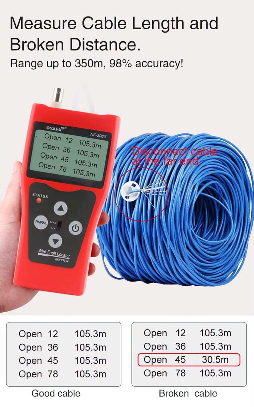لا توجد تفاصيل

نص مكتوب في الصور:
- LCD Cable Tester Tracker Measure length and fault distance Hub blink for locating network port
- Measure Cable Length and Broken Distance. Range up to 350m, 98% accuracy! Disconnect cable at the far end. Open 12 105.3m Open 36 105.3m Open 45 105.3m Open 78 105.3m Good cable Open 12 105.3m Open 36 105.3m Open 45 30.5m Open 78 105.3m Broken cable
- Polarity testing Test polarity and DC voltage (0.5V-60V)
- Power Adaptor for Supply Power
- DC 9-12V, 500mA~2000mA
- Note: the adaptor is not included in the set.
- Lamp
- Helps work in dark environment
- Package List
- Cable Fault Testing Test open, short, cross,ect. for RJ45, RJ11, BNC cable. Test locally Test with remote
