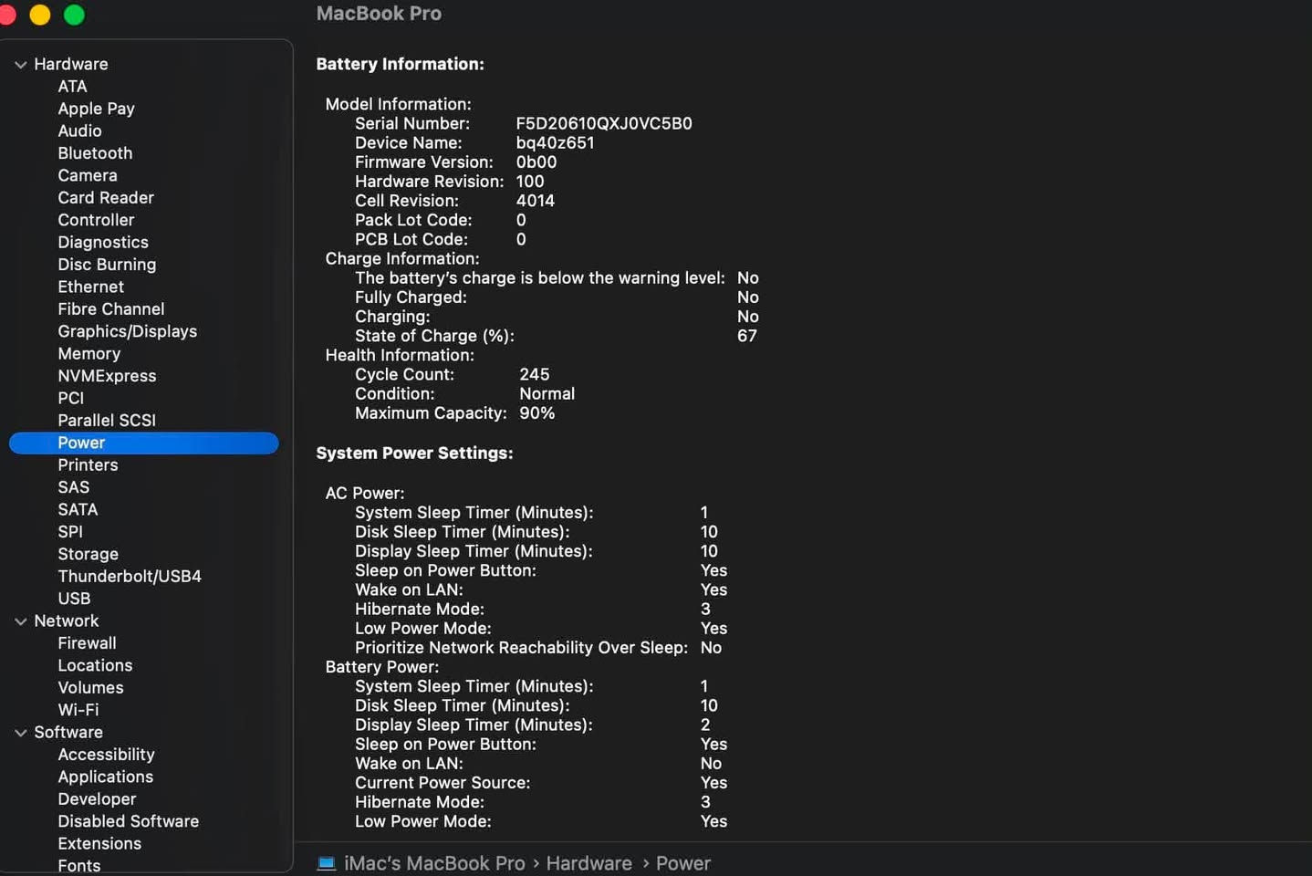 ماك بوك برو m1 برو (البرو مو العادي)
MacBook Pro m1 Pro 16
Ram16
Hard 512 GB
وياه شاحنته الاصلية 
السعر خاص

نص مكتوب في الصور:
- About MacBook Pro 16-inch, 2021 Name iMac's MacBook Pro Chip Apple M1 Pro Memory 16 GB Serial number G5F6FN6JGM Coverage Expired Details... macOS macOS Tahoe Version 26.1 Displays Built-in Liquid Retina XDR Display 16-inch (3456 x 2234) Display Settings... Storage Macintosh HD 462.51 GB available of 494.38 GB Storage Settings... System Report... Software License Agreement - Regulatory Certification ENERGY STAR Compliance - License Agreement TM and 1983-2025 Apple Inc. All Rights Reserved.
- MacBook Pro Hardware ATA Apple Pay Audio Bluetooth Camera Card Reader Controller Diagnostics Disc Burning Ethernet Fibre Channel Graphics/Displays Memory NVMPress PCI Parallel SCSI Power Printers SAS SATA SPI Storage Thunderbolt/USB4 USB Network Firewall Locations Volumes Wi-Fi Software Accessibility Applications Developer Disabled Software Extensions Fonts Battery Information: Model Information: Serial Number: F5D20610QXJ0VC5B0 Device Name: bq40z651 Firmware Version: 0b00 Hardware Revision: 100 Cell Revision: 4014 Pack Lot Code: 0 PCB Lot Code: 0 Charge Information: The battery's charge is below the warning level: No Fully Charged: No Charging: No State of Charge (%): 67 Health Information: Cycle Count: 245 Condition: Normal Maximum Capacity: 90% System Power Settings: AC Power: System Sleep Timer (Minutes): 1 Disk Sleep Timer (Minutes): 10 Display Sleep Timer (Minutes): 10 Sleep on Power Button: Yes Wake on LAN: Yes Hibernate Mode: 3 Low Power Mode: Yes Prioritize Network Reachability Over Sleep: No Battery Power: System Sleep Timer (Minutes): 1 Disk Sleep Timer (Minutes): 10 Display Sleep Timer (Minutes): 2 Sleep on Power Button: Yes Wake on LAN: No Current Power Source: Yes Hibernate Mode: 3 Low Power Mode: Yes iMac's MacBook Pro > Hardware > Power