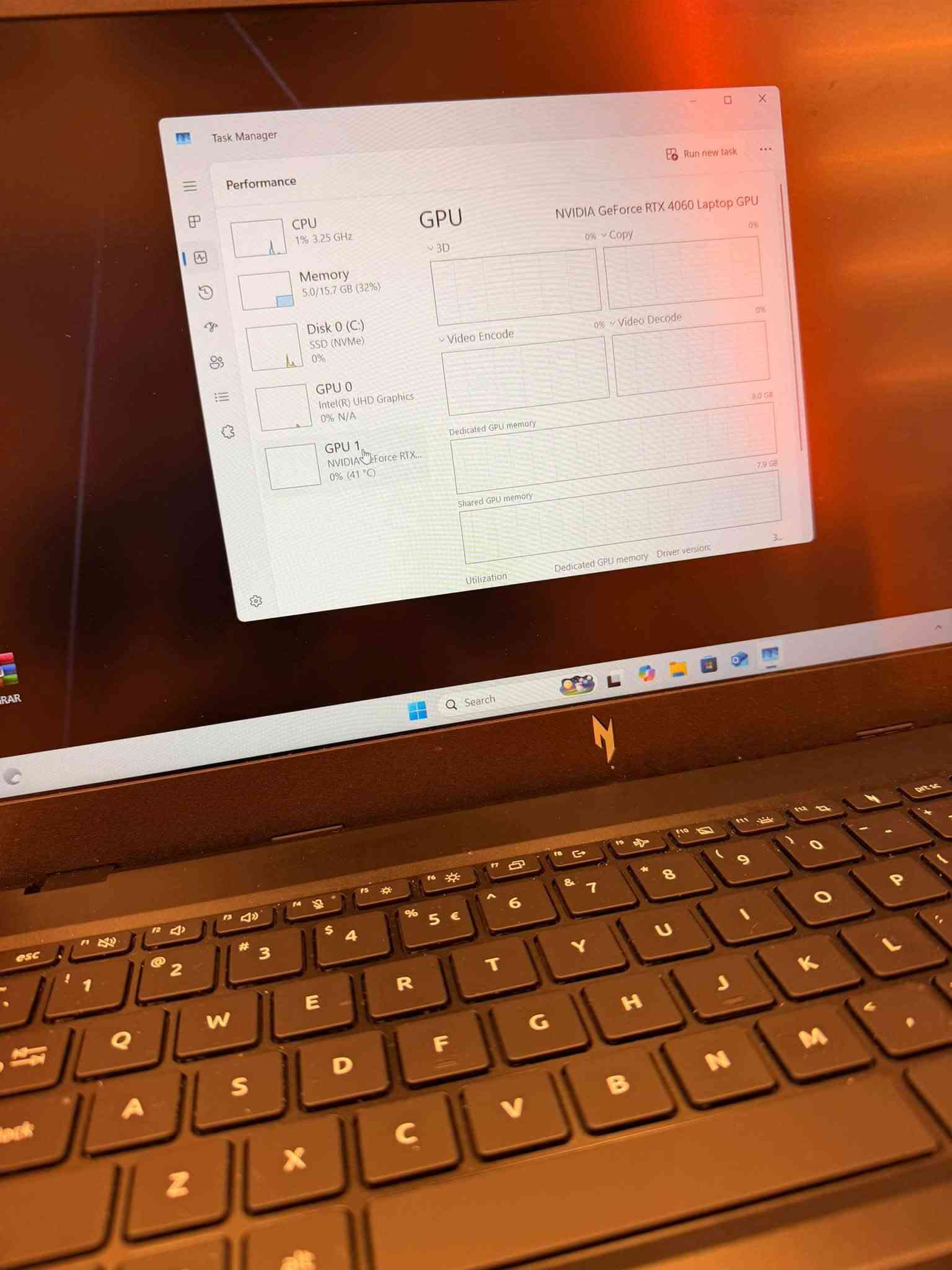 Acer Nitro V15 
لابتوب كيمنك نظافة ١٠٠٪؜ 
Cpu: core i7 13620H
RAM: 16G DDR5 5200
SSD: NVMe 512G 
GPU: RTX 4060 8G VRam 

نظافة ١٠٠٪؜ استخدامي بسيط الها بدون العاب 
مكاني بغداد 
***********

نص مكتوب في الصور:
- Task Manager
- Performance
- CPU
- 2% 3.00 GHz
- Memory
- 5.0/15.7 GB (32%)
- Disk 0 (C:)
- SSD (NVMe)
- 5%
- GPU 0
- Intel(R) UHD Graphics
- 0% N/A
- GPU 1
- NVIDIA GeForce RTX...
- 0% (41 °C)
- % Utilization
- 13th Gen Intel(R) Core(TM) i7-13620H
- 100%
- Percentage of time the disk is
- processing read or write requests
- 60 seconds
- Utilization
- 2%
- Speed
- 3.00 GHz
- Base speed:
- Sockets:
- Cores:
- Logical processors:
- Virtualization:
- L1 cache:
- L2 cache:
- L3 cache:
- 2.40 GHz
- 1
- 10
- 16
- Enabled
- 864 KB
- 9.5 MB
- 24.0 MB
- Processes
- 187
- Threads
- 3322
- Handles
- 87173
- Up time
- 0:00:00:48
- Run new task
- Search
- Task Manager Performance Run new task CPU 0% 2.66 GHz Memory 5.0/15.7 GB (32%) Disk 0 (C:) SSD (NVMe) 0% GPU 0 Intel(R) UHD Graphics 0% N/A GPU 1 NVIDIA GeForce RTX... 0% (41 °C) Disk 0 (C:) NVMe WD PC SN740 SDDQNQD-512G-1014 Active time 100% 60 seconds Disk transfer rate 60 seconds Active time 0% Average response time 1.3 ms Read speed 16.3 KB/s Write speed 36.7 KB/s Capacity 477 GB Formatted 477 GB System disk Yes Page file Yes Type SSD (NVMe) Search
- Task Manager Performance Run new task CPU 1% 3.25 GHz Memory 5.0/15.7 GB (32%) Disk 0 (C:) SSD (NVMe) 0% GPU 0 Intel(R) UHD Graphics 0% N/A GPU 1 NVIDIA GeForce RTX... 0% (41 °C) GPU NVIDIA GeForce RTX 4060 Laptop GPU 3D 0% Copy 0% Video Encode 0% Video Decode 0% Dedicated GPU memory 8.0 GB Shared GPU memory 7.9 GB Utilization Dedicated GPU memory Driver version: Search
- NET9.GG