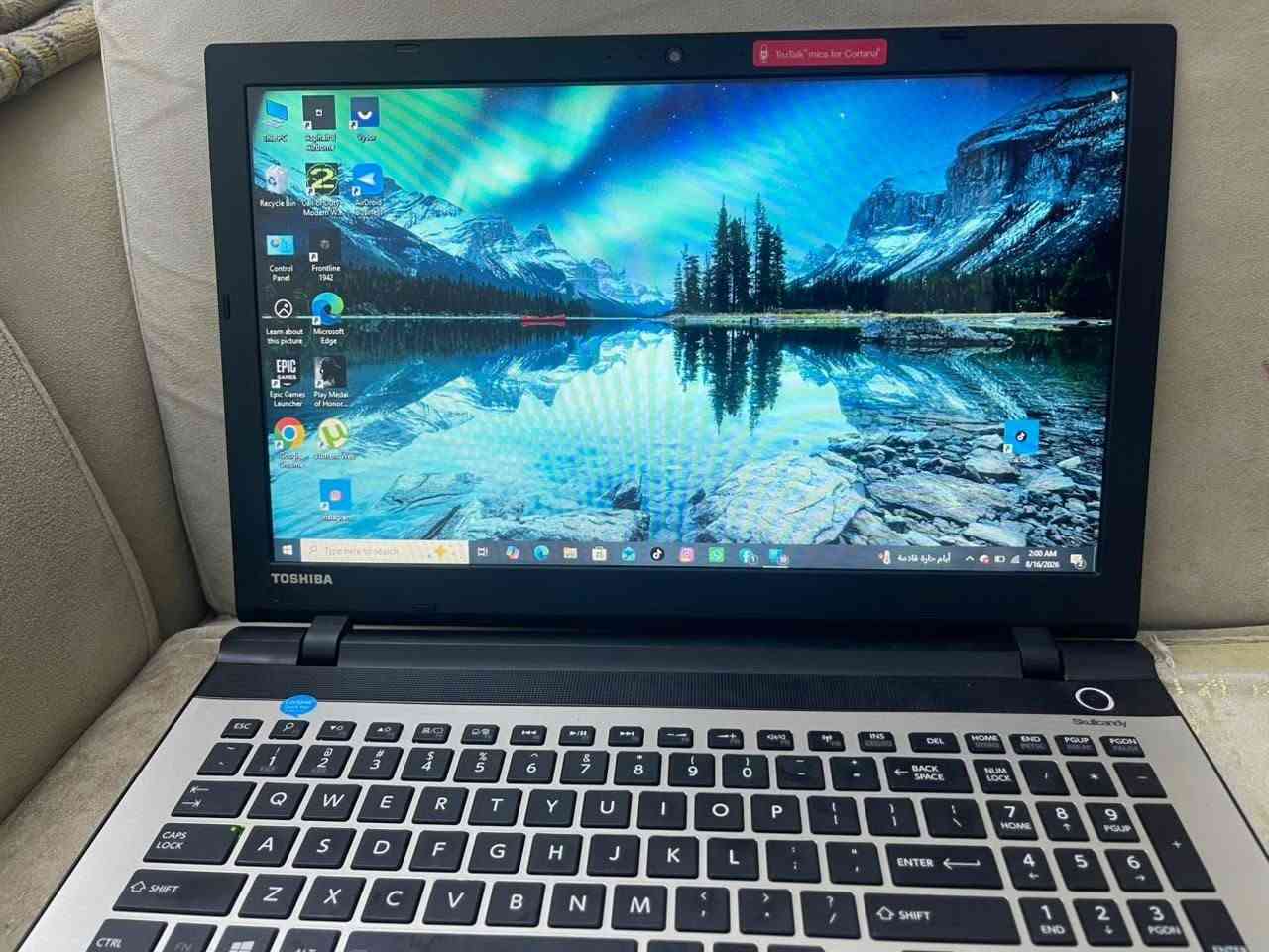 لابتوب توشيبا  للبيع نظافة 95%  المواصفات مذكوره بالصور. شحنها حلو تقريبا ساعه ونص استخدم متواصل  الشاحنه الي ويها 120واط. السعر 250 وبيها مجال  يوجد توصيل  ***********
