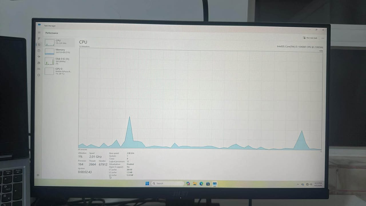 تایبەتمەندییەکان (Specifications):
 پڕۆسێسەر (CPU): Intel Core i5-10400F (6 Cores / 12 Threads)
 کارت شاشە (GPU): NVIDIA GeForce RTX 3060 - 8GB (زۆر بەهێز بۆ یاری و گرافیک و کارنامە)
 ڕام (RAM): 16GB
 هارد (Storage): Samsung SSD 980 1TB NVMe (خێراییەکی یەکجار بەرز)
 سیستەم: Windows 11 Pro چالاککراو
تێبینی:
کەیسەکە زۆر خاوێنە و بە هەموو شێوەیەک تاقی کراوەتەوە، هیچ کێشەیەکی نییە. زۆر گونجاوە بۆ یارییە قورسەکان (Gaming)، پڕۆگرامینگ، و کاری دیزاین و ڕێندەرینگ.
بۆ کڕین یان پرسیار تکایە نامە بنێرن (Messenger) یان پەیوەندی بکەن.***********
380$ أربيل, العراق

نص مكتوب في الصور:
- Settings hiwa khdir hiwakhdir3@gmail.com Home System Bluetooth & devices Network & internet Personalization Apps Accounts Time & language Gaming Accessibility Privacy & security Windows Update Q Find a setting System > About Storage 932 GB 151 GB of 932 GB used Graphics Card 8 GB NVIDIA GeForce RTX 3050 Installed RAM 16.0 GB Speed: 2666 MT/s Processor Intel(R) Core(TM) i5-10400F CPU @ 2.90GHz 2.90 GHz hiwa System Product Name Rename this PC Copy Device specifications Device name hiwa Processor Intel(R) Core(TM) i5-10400F CPU @ 2.90GHz (2.90 GHz) Installed RAM 16.0 GB (15.9 GB usable) Device ID C35684AA-36F9-4FD6-848C-00F557872C2A Product ID 00330-81476-06387-AA916 System type 64-bit operating system, x64-based processor Pen and touch No pen or touch input is available for this display Related links Domain or workgroup System protection Advanced system settings Copy Windows specifications Edition Windows 11 Pro Version 25H2 Installed on 1/16/2026 OS build 26200.7840 Experience Windows Feature Experience Pack 1000.26100.291.0 Microsoft Services Agreement Microsoft Software License Terms CE Q Search 10:16 PM 8/3/2026
- Task Manager Performance CPU 1% 1.72 GHz Memory 3.3/15.9 GB (21%) Disk 0 (C: D) SSD (NVMe) 1% GPU 0 NVIDIA GeForce R... 0% (45°C) Disk 0 (C: D:) Active time Disk transfer rate 60 seconds Samsung SSD 980 1TB 100% 250 MB/s 125 MB/s 0 Active time 1% Average response time 14.2 ms Capacity 932 GB Formatted 932 GB Read speed 0 KB/s Write speed 4.0 KB/s System disk Yes Page file Yes Type SSD (NVMe) Search 10:14 PM 8/1/2026
