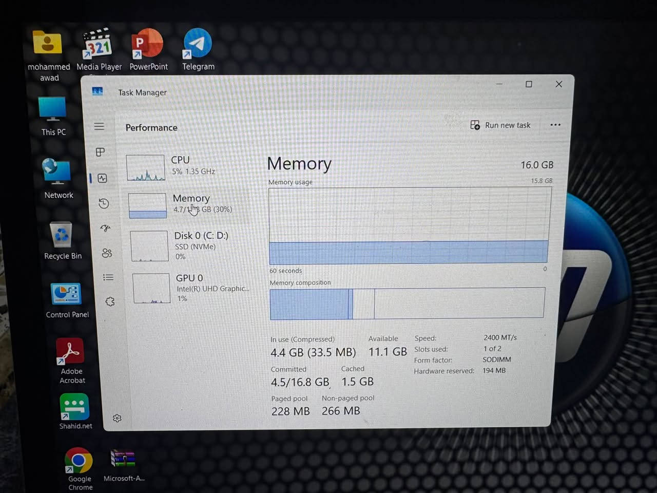 سلام عليكم للبيع حاسبه لابتوب نوع hp لون سلفر 

الرام    16 
الهارد  256 
كور    i7 
كيبورت عربي انكليزي ضوئي  
نضام بصمه  
السعر 425 
رقم الهاتف  *********** واتساب

نص مكتوب في الصور:
- Task Manager Performance Run new task CPU 5% 1.35 GHz Memory 4.7/16 GB (30%) Disk 0 (C: D:) SSD (NVMe) 0% GPU 0 Intel(R) UHD Graphic... 1% Memory Memory usage 16.0 GB 15.8 GB 60 seconds 0 Memory composition In use (Compressed) 4.4 GB (33.5 MB) Available 11.1 GB Speed: 2400 MT/s Slots used: 1 of 2 Form factor: SODIMM Hardware reserved: 194 MB Committed 4.5/16.8 GB Cached 1.5 GB Paged pool 228 MB Non-paged pool 266 MB
- Task Manager Performance Run new task CPU 4% 1.40 GHz Memory 4.7/15.8 GB (30%) Disk 0 (C: D:) SSD (NVMe) 0% GPU 0 Intel(R) UHD Graphic... 1% Disk 0 (C: D:) NE-256 2280 Active time 100% 60 seconds 0 Disk transfer rate 10 MB/s 7 MB/s 60 seconds 0 Active time 0% Average response time 0 ms Capacity: 239 GB Formatted: 239 GB System disk: Yes Page file: Yes Read speed 0 KB/s Write speed 0 KB/s Type: SSD (NVMe)