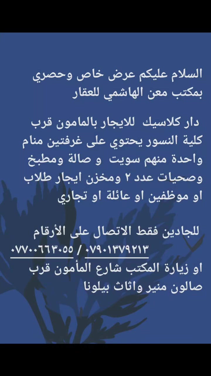 المأمون • قرب كلية النسور • غرفتين