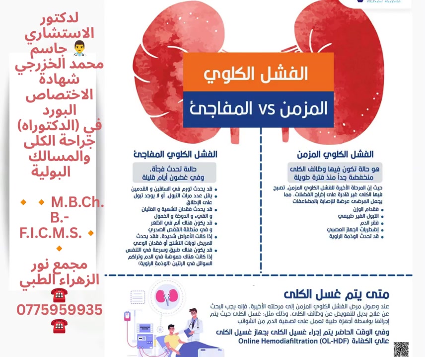 ❤الفشل الكلوي المزمن و}!!!!!!!!!!
الدكتور الاستشاري 👨‍⚕️ جاسم محمد الخزرجي
شهادة الاختصاص البورد (الدكتوراه) في جراحة الكلى والمسالك البولية     
 🔸️🔸️M.B.Ch.B.-F.I.C.M.S.🔸🔸
👨🏻‍🦰🧓🏻👩🏻‍🦰
مجمع نور الزهراء الطبي التخصصي#
📍-بغداد -المشتل - منتصف شارع المطبك - مقابل مصور طرابلس -مجاو  صيدلية نور عبد الله الزلزلي 📍
                                      ➖️➖️➖️
للحجز والاستفسار يمكن الاتصال على الرقم
☎️ *********** ☎️
#الفشل_ الكلوي_ المزمن #الفشل _الكلوي _المفاجىء
