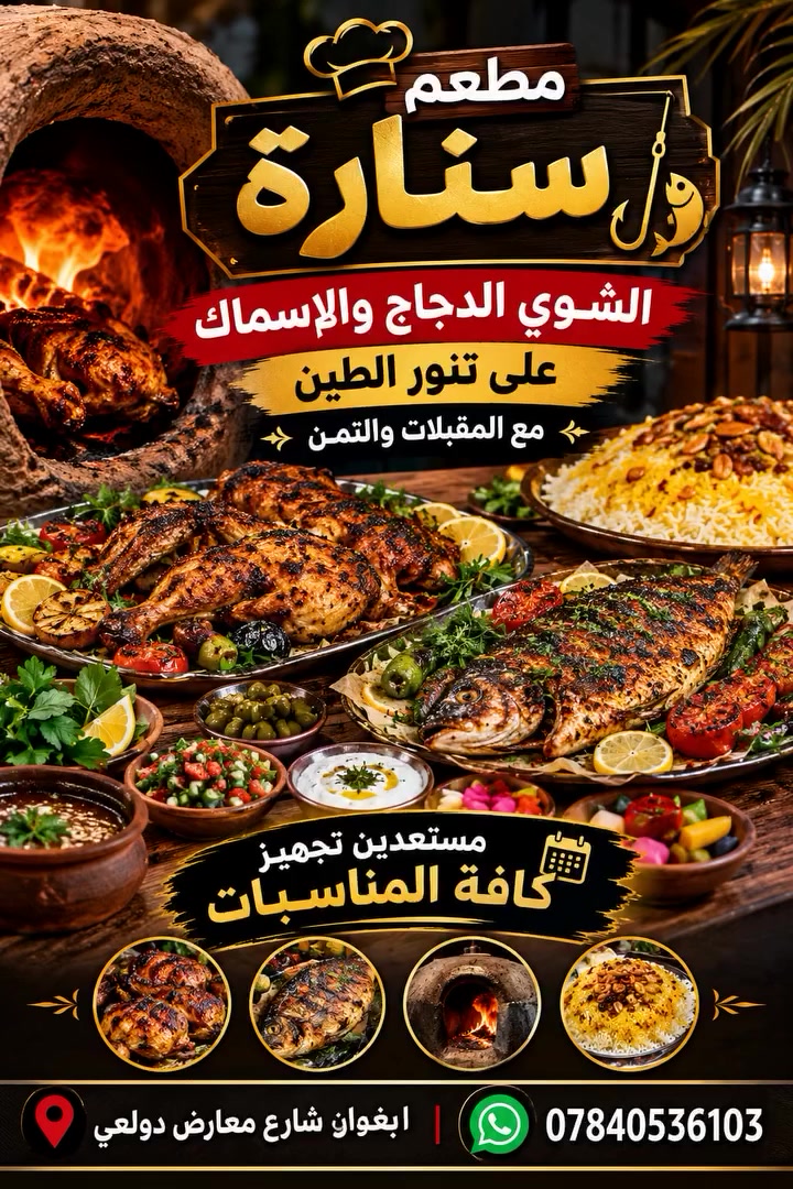 🔥 أسعار الشوي في مطعم سنارة 🔥
🐟 السمك المشوي على الفحم والتنّور
• سمك حسب الوزن والسعر اليومي
• يُقدّم مع المقبلات والتمن والخبز

🍗 الدجاج المشوي
• دجاجة كاملة مشوية — السعر: ___12_ ألف
• نصف دجاجة — السعر: _6___ ألف

✨ طعم أصيل وشوي على أصوله
🔥 تنور طين وشوي طازج يومياً
🍚 مع التمن والمقبلات

📍 مطعم سنارة — أكل شعبي مرتب بطعم زمان
العنوان الدولعي _شارع المعارض 
📞 للحجز والطلبات ***********

 #بغداد #دولعي 
 #مطعم_سناره
#سمج_ابو_جنه
