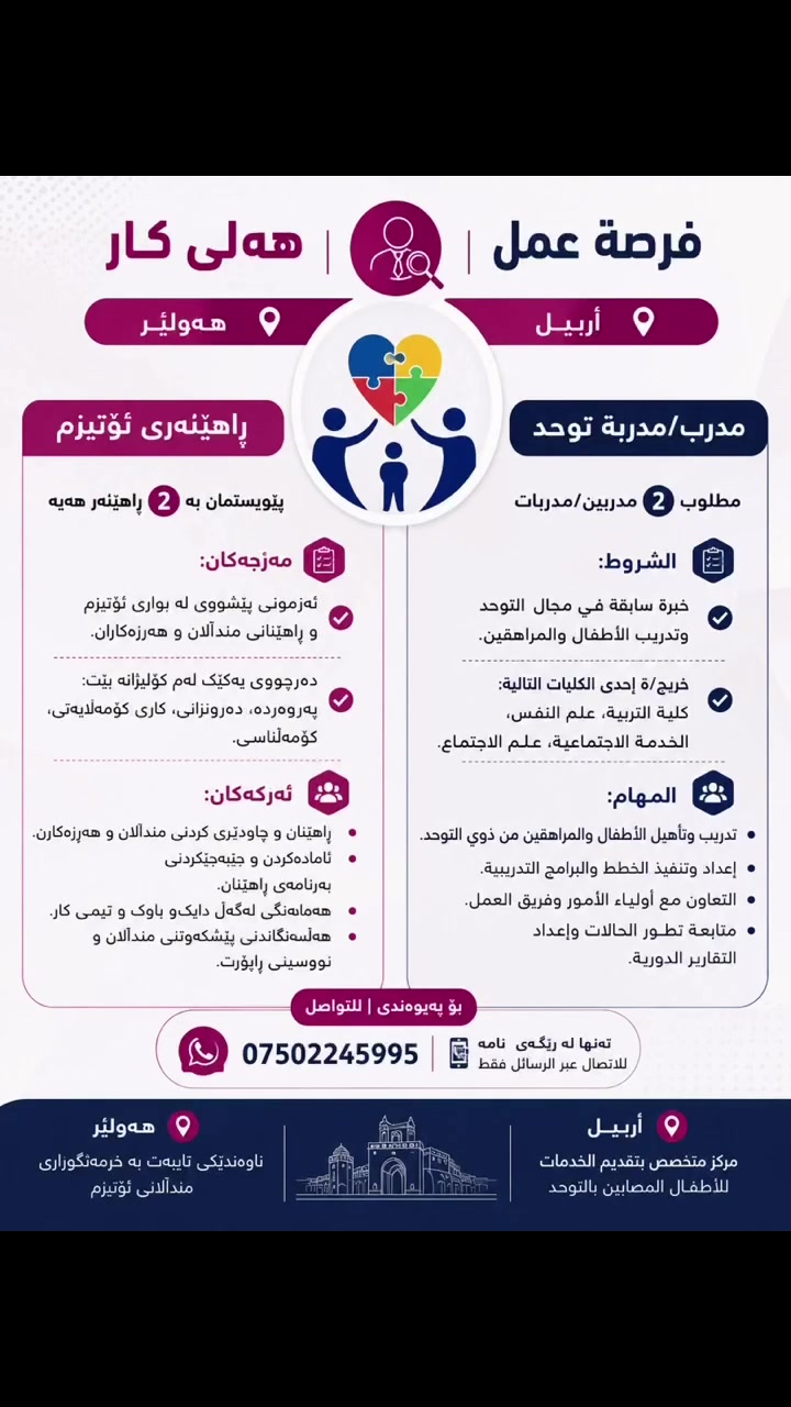 📢 هەلی کار | فرصة عمل

📍 شوێنی کار / مكان العمل: هەولێر – أربيل
ناوەندێکی تایبەت بە خزمەتگوزاریی منداڵانی ئۆتیزم پێویستی بە:

🔹 ٢ ڕاهێنەر (نێر / مێ)

مەرجەکان:

ئەزموونی پێشوو لە بواری ئۆتیزم و ڕاهێنانی منداڵان و هەرزەکاران.
دەرچووی یەکێک لەم کۆلیژانە بێت:
کۆلیژی پەروەردە
کۆلیژی ئاداب – بەشی دەروونزانی
کاری کۆمەڵایەتی
کۆمەڵناسی

ئەرکەکان:

ڕاهێنان و چاودێریکردنی منداڵان و هەرزەکارانی خاوەن ئۆتیزم.
ئامادەکردن و جێبەجێکردنی بەرنامەی ڕاهێنان.
هەماهەنگی لەگەڵ دایکان و باوکان و تیمی کار.
هەڵسەنگاندنی پێشکەوتنی خوێندکاران و نووسینی ڕاپۆرت.

📞 بۆ پەیوەندی: ***********

يعلن مركز متخصص بالتوحد في أربيل عن حاجته إلى:

🔹 مدربين/مدربات (عدد 2)

الشروط:

خبرة سابقة في مجال التوحد وتدريب الأطفال والمراهقين.
خريج/ـة إحدى الكليات التالية:
كلية التربية.
كلية الآداب – قسم علم النفس.
الخدمة الاجتماعية.
علم الاجتماع.

المهام الوظيفية:

تدريب وتأهيل الأطفال والمراهقين من ذوي التوحد.
إعداد وتنفيذ الخطط والبرامج التدريبية.
التعاون مع أولياء الأمور وفريق العمل.
متابعة تطور الحالات وإعداد التقارير الدورية.

📞 للتواصل: ***********

⸻

#هەلی_کار #فرصة_عمل #هەولێر #أربيل #ڕاهێنەری_ئۆتیزم #مدرب_توحد #Autism_Trainer #Autism #التوحد #Special_Education #التربية_الخاصة #Psychology #علم_النفس #Social_Work #الخدمة_الاجتماعية #Sociology #علم_الاجتماع #Hiring #JobsInErbil #KurdistanJobs #IraqJobs #FJK #Find_Job_Kurdistan
