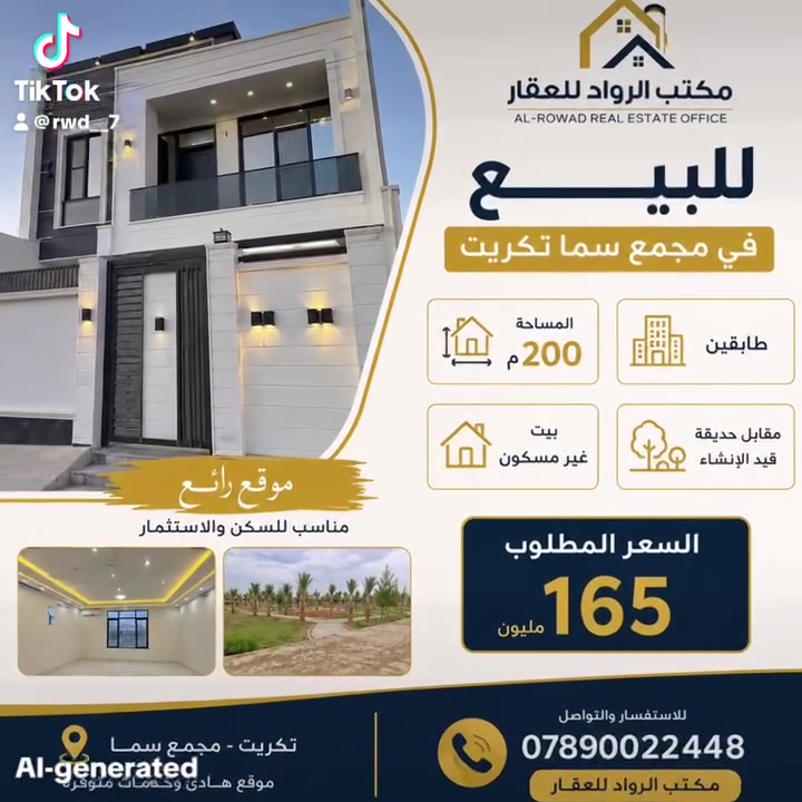 🏡 للبيع | مجمع سما تكريت

بيت مميز بموقع رائع ✨
📐 المساحة: 200م²
🏠 طابقين — غير مسكون
🌳 مقابل حديقة قيد الإنشاء
📍 موقع هادئ ومناسب للسكن والاستثمار

💰 السعر المطلوب: 165 مليون

📞 مكتب الرواد للعقار
***********

#مكتب_الرواد

