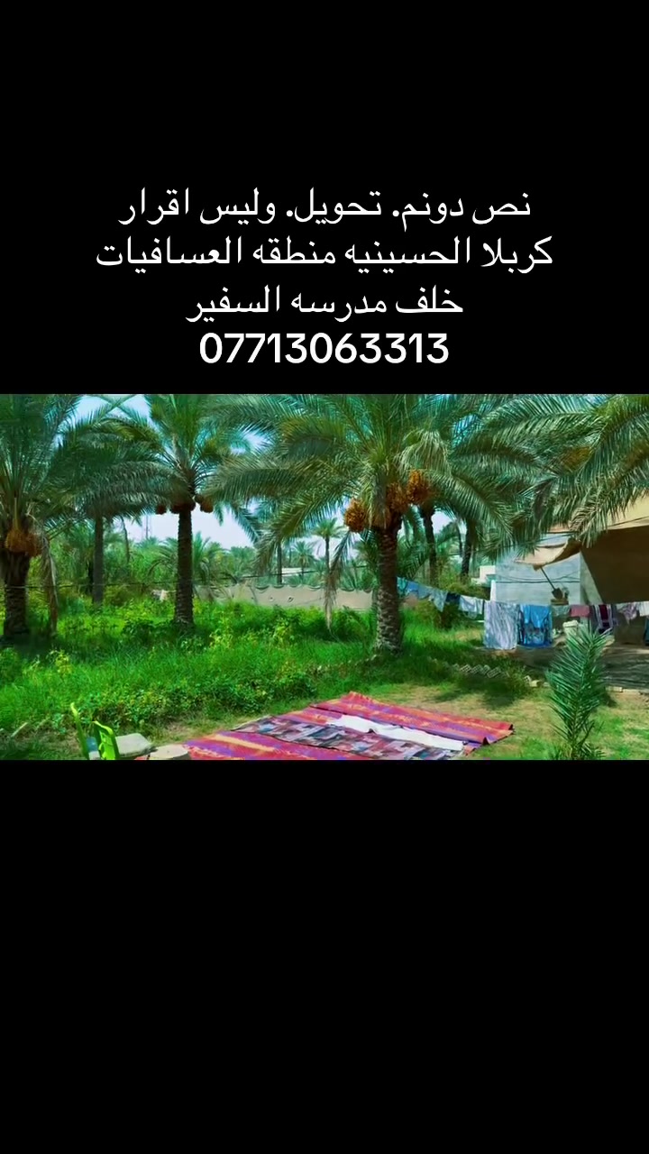 نص دونم للبيع 
كربلا الحسينيه منطقه العسافيات
خلف مدرسه السفير
وجه البزل  الرابط بين الحسينيه 
وبزل مطشر
***********
