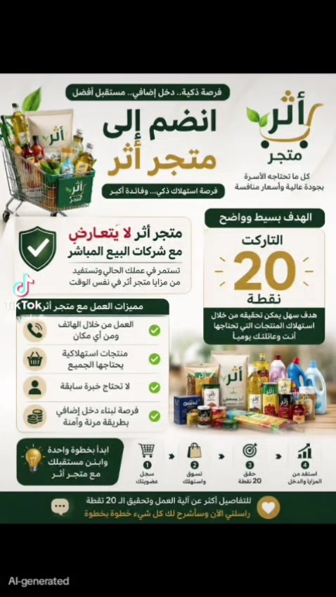 ✨ فرصة عمل مع متجر أثر ✨

إذا تبحث عن فرصة لزيادة دخلك وتطوير نفسك، فمتجر أثر يفتح باب الانضمام لأشخاص جادين وحابين يشتغلون ضمن فريق داعم.

🌿 المميزات:
✅ منتجات استهلاكية يحتاجها كل بيت.
✅ عمل بوقت مرن.
✅ تدريب مجاني ودعم مستمر.
✅ فرصة لبناء دخل إضافي حسب اجتهادك.

إذا حاب تعرف التفاصيل كاملة وآلية العمل، راسلني على الخاص واكتب "مهتم"، وأجاوب على كل استفساراتك بكل شفافية.

🌸 ابدأ اليوم، ويمكن تكون هاي الخطوة بداية تغيير جميل بحياتك.***********