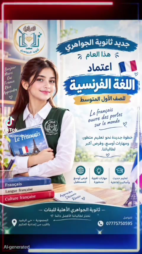 🇫🇷✨ جديد ثانوية الجواهري هذا العام!

لأول مرة… اعتماد اللغة الفرنسية للصف الأول المتوسط 🇫🇷📚

خطوة جديدة نحو تعليم متطور، ومهارات أوسع، وفرص أكبر لطالباتنا. 💚

🏫 ثانوية الجواهري الأهلية للبنات
📍 المحمودية – حي الرشيد، بالقرب من إعدادية الحكيم
📞 ***********

الجواهري… نختار لطالباتنا الأفضل دائمًا. 🌟
