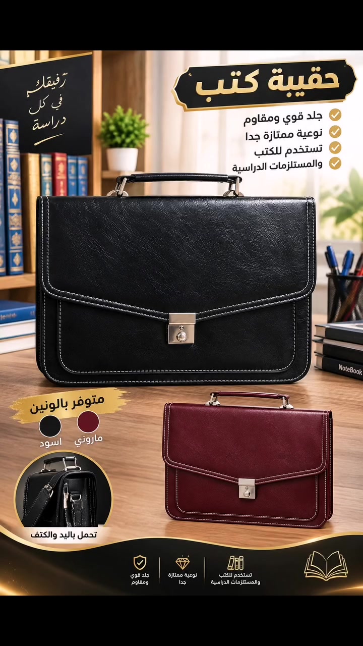 حقيبة كتب جلد
جلد قوي ومقاوم
نوعية ممتازة جدا
تستخدم للكتب
والمستلزمات الدراسية
متوفر بالونين اسود وماروني
تحمل باليد والكتف

#حقيبة #جلد #كتب #مدرسه #

نص مكتوب في الصور:
- رفيقك في كل دراسة حقيبة كتب جلد قوي ومقاوم نوعية ممتازة جدا تستخدم للكتب والمستلزمات الدراسية متوفر بالونين ماروني اسود تحمل باليد والكتف تستخدم للكتب والمستلزمات الدراسية نوعية ممتازة جدا جلد قوي ومقاوم